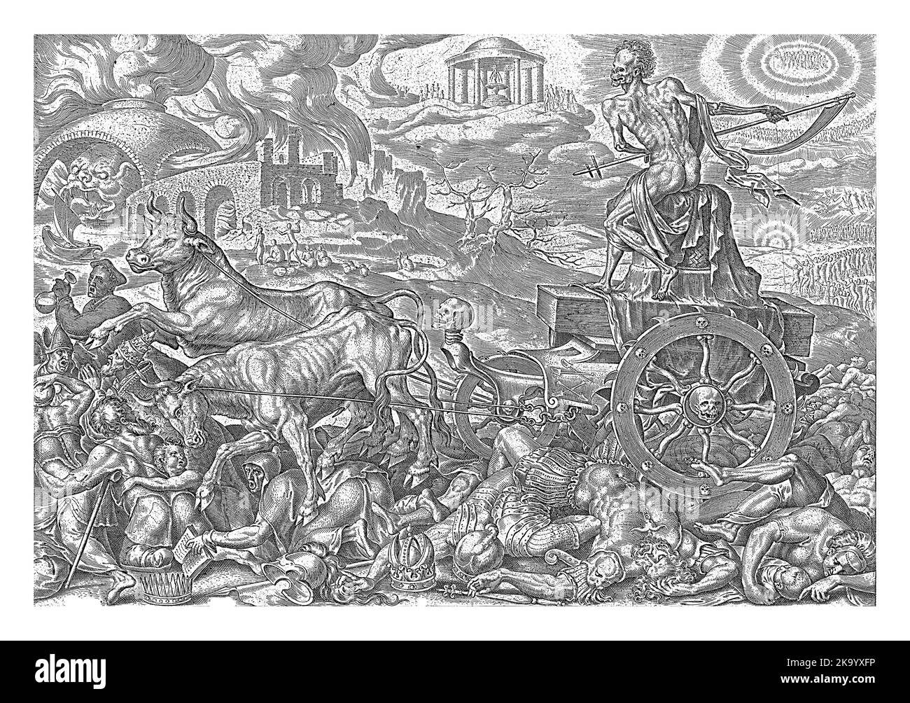 Death, in the form of a skeleton with a scythe, sits on a chariot decorated with skulls. The spokes of the wheels are made of bones. Beneath Death's c Stock Photo