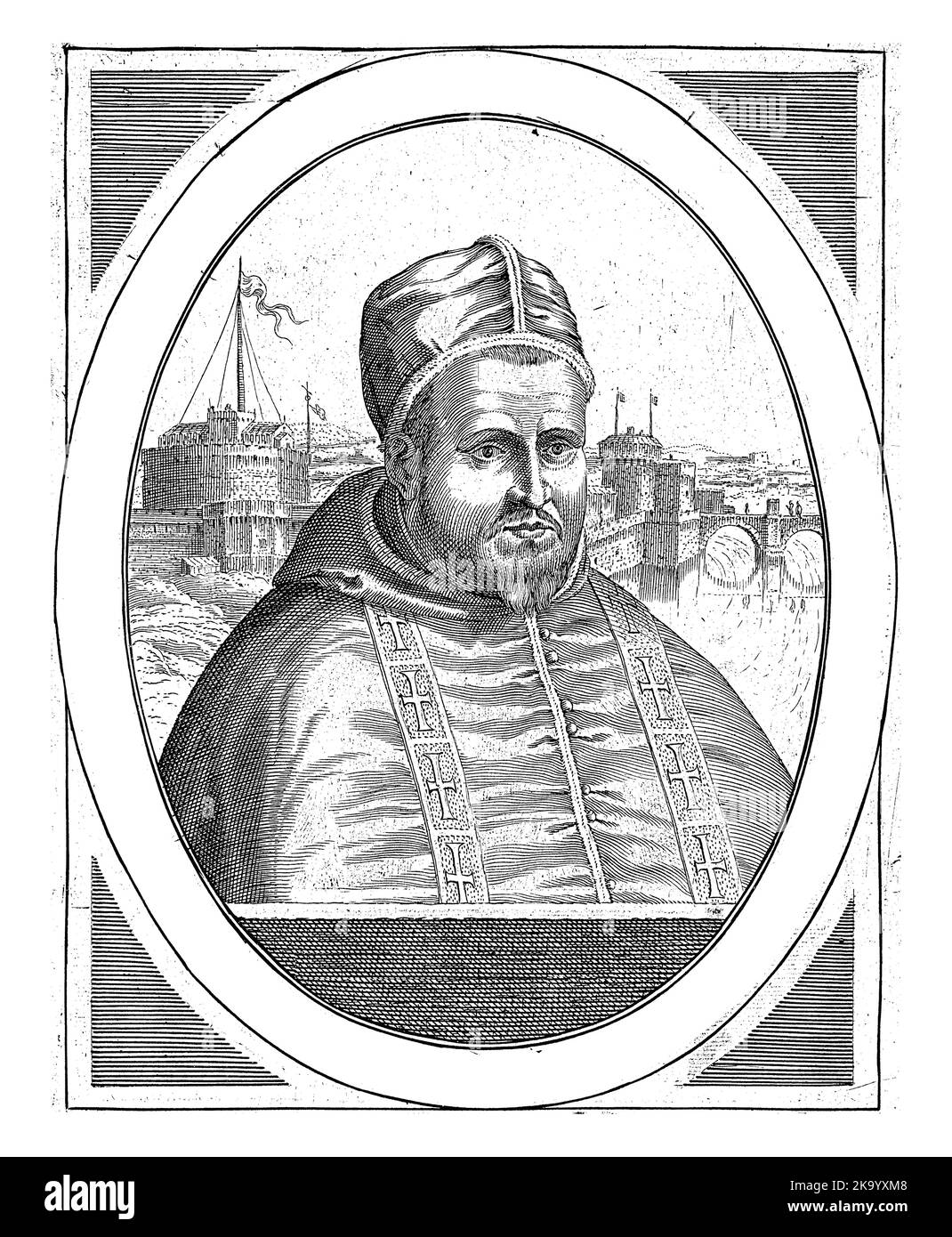 Bust to the right of Pope Paul V, in an oval frame, on which an edge inscription with name and title in Latin. Below the portrait four lines in French Stock Photo