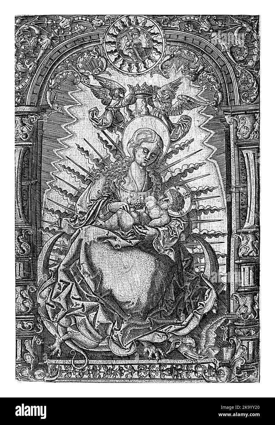 Mary with the Christ Child on her lap, seated on the crescent moon, trampling the dragon under her feet. An ornamental frame around the scene. Stock Photo