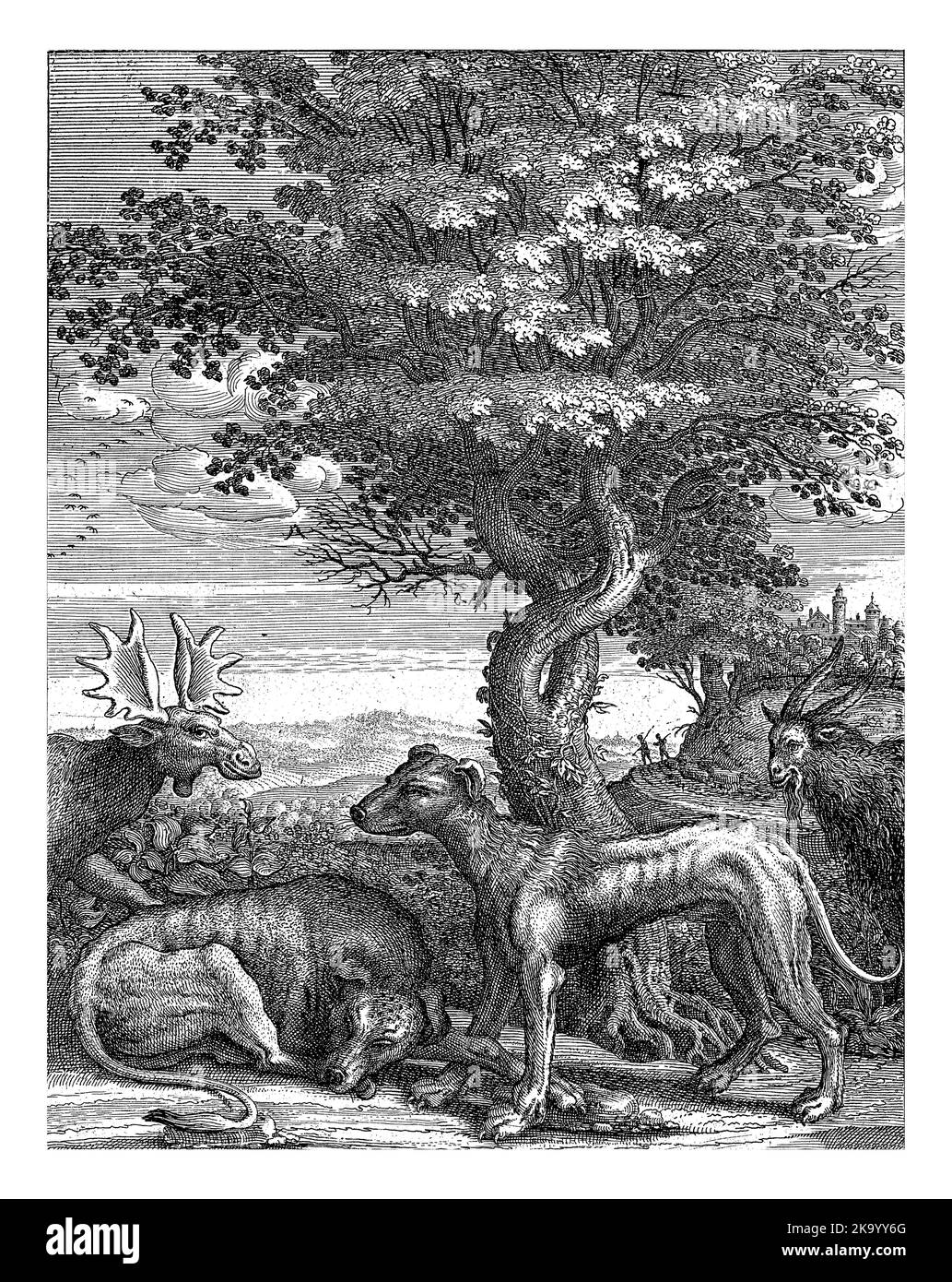 Allegorical landscape with in the foreground, in front of a large tree, a lying and a standing dog. On the right a goat and on the left the head of an Stock Photo