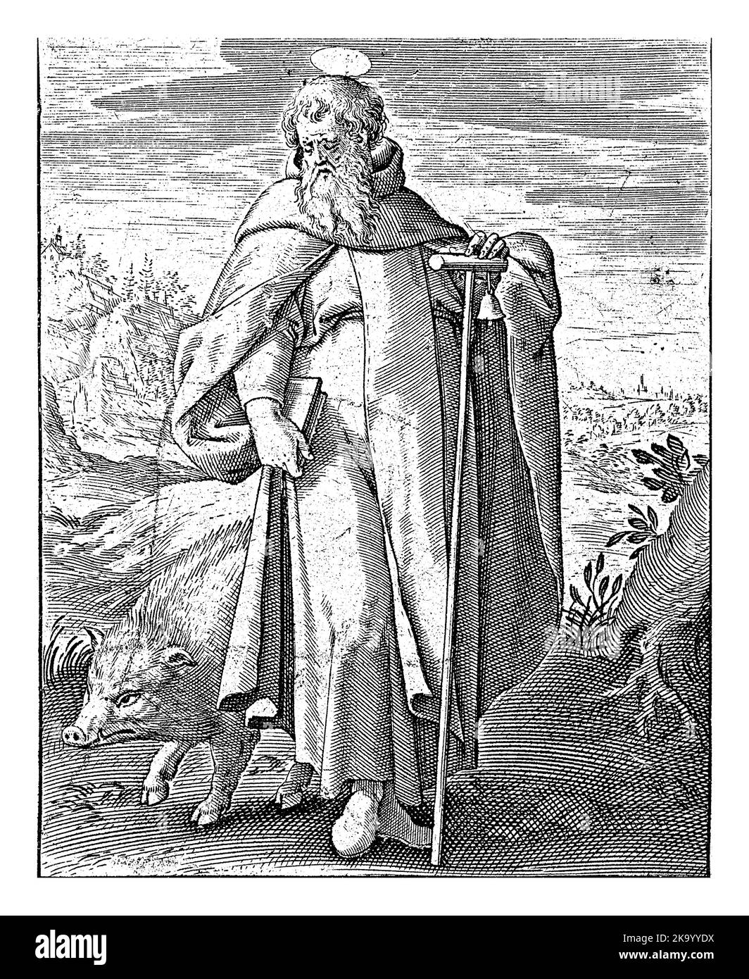 H. Antonius the Great, Antonie Wierix (II), 1565 - before 1604 Landscape with Saint Anthony the Great, dressed in monk's robes, holding a stick and be Stock Photo