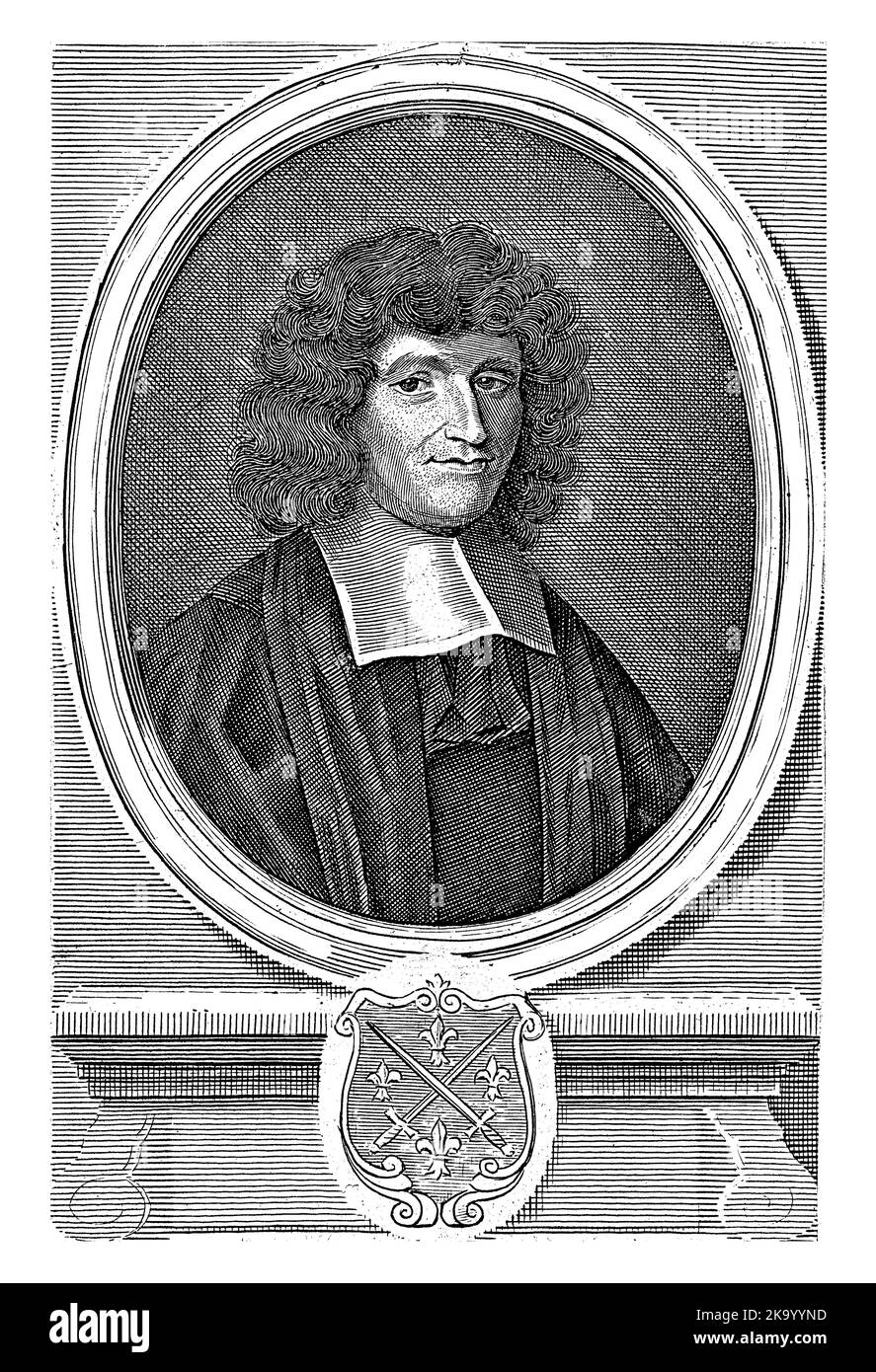Portrait of Isaac Barrow, English mathematician and theologian. Below the portrait is the family crest of Barrow. Stock Photo