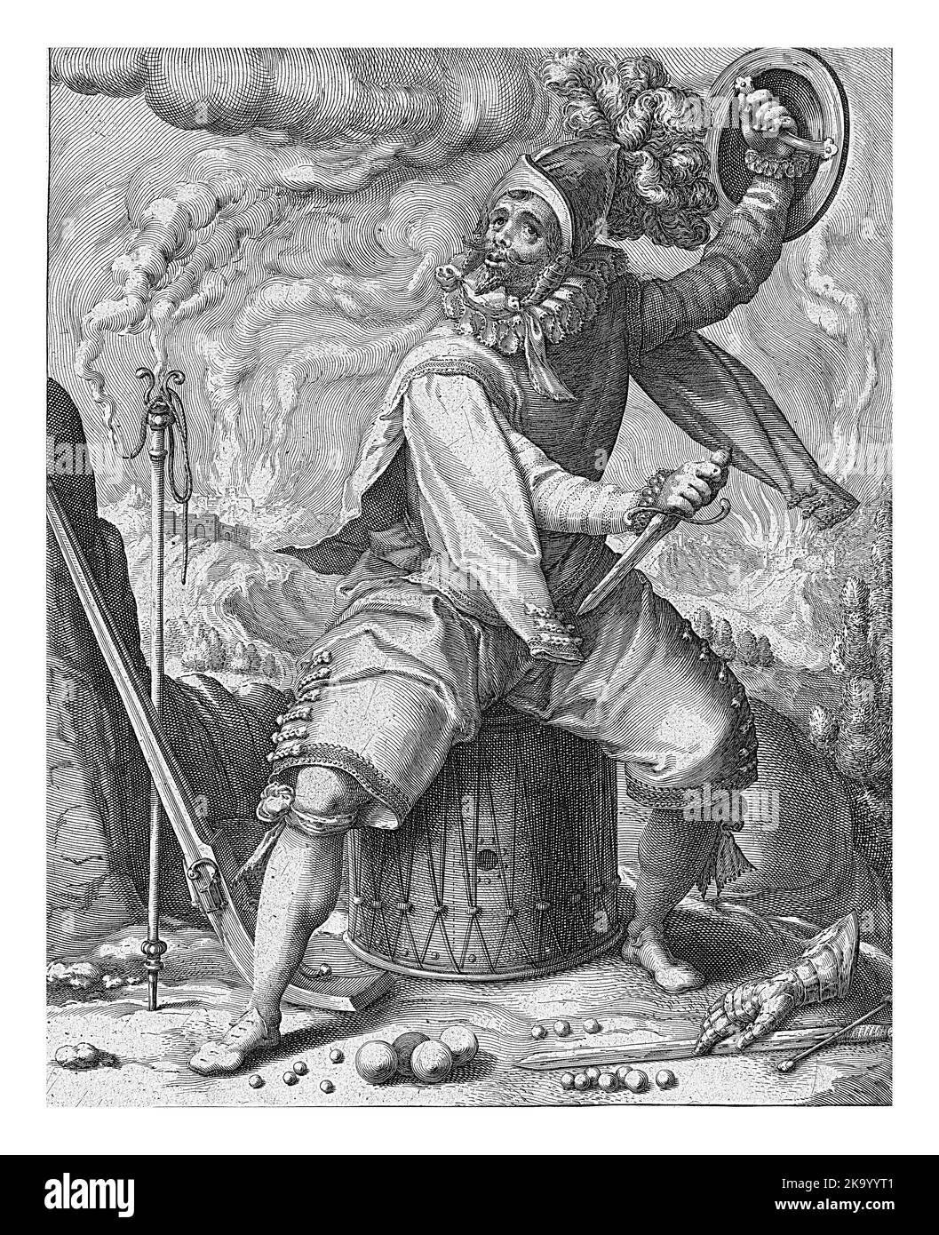 Depiction of the choleric temperament in the form of a middle-aged man in a fighting pose (a warrior), with a helmet on the head, a shield in the left Stock Photo