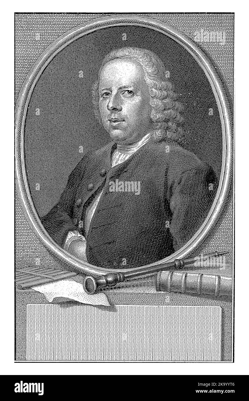 Half-length portrait to the left in an oval by Johannes Eusebius Foot in an oval medallion resting on a pedestal. Stock Photo