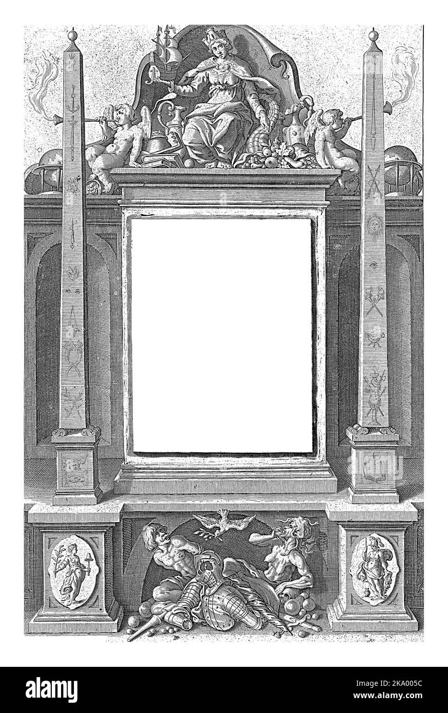 Allegory of the History of the Netherlands, Willem Jacobsz. Delff, 1623 On pedestal with title enthroned personification of the Southern Netherlands, Stock Photo