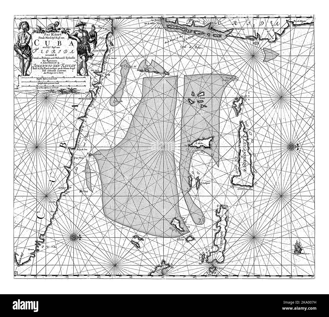 Passport map of southeast Florida from West Palm Beach to Miami, northeast Cuba and part of the Bahamas (Grand Bahama, Grand Exuma, Eleuthera, New Pro Stock Photo