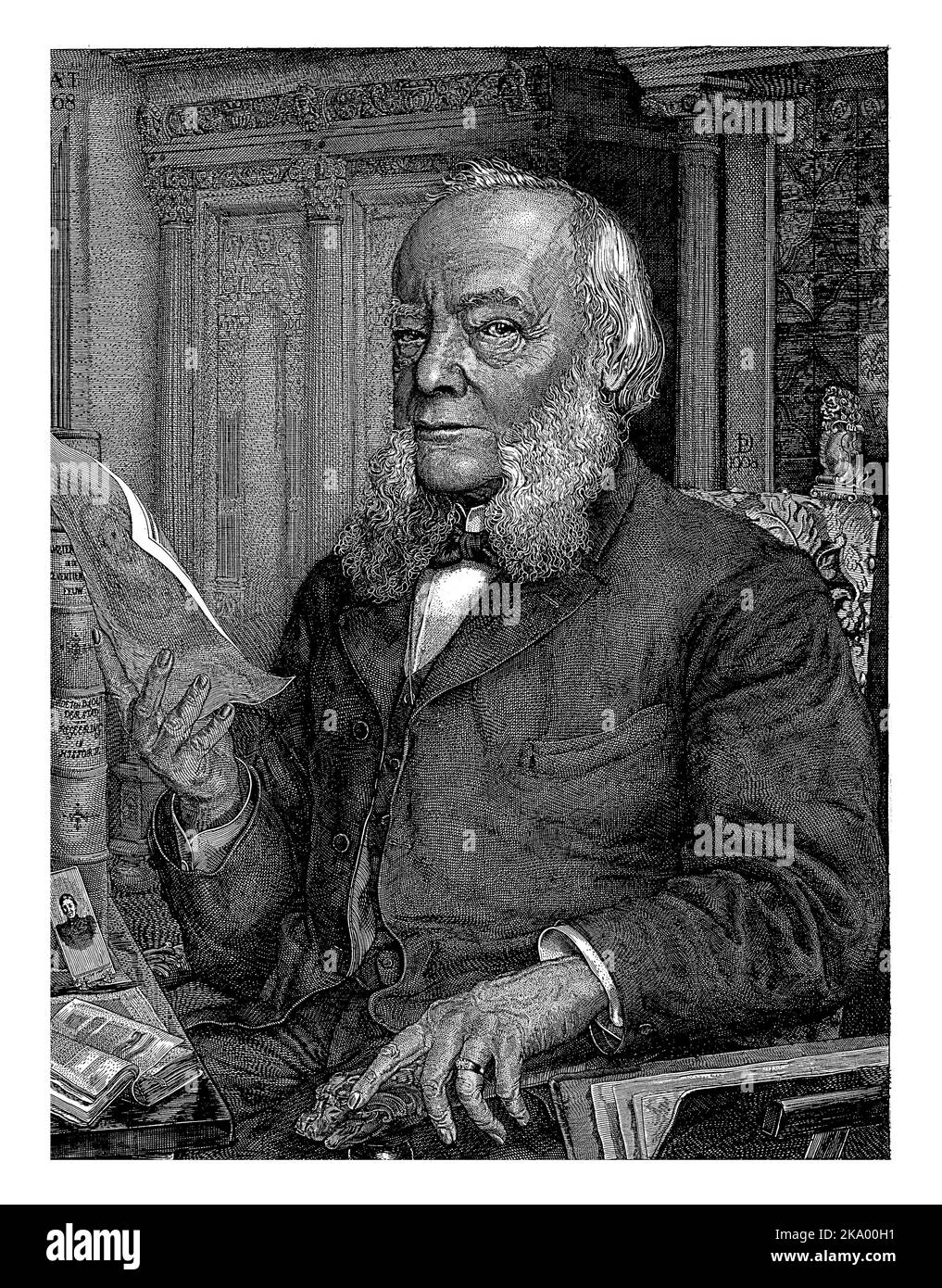 Portrait of the antiquarian, wine merchant and antique collector Dirk Christiaan Meijer. Meijer is sitting in a chair with a print in his right hand. Stock Photo