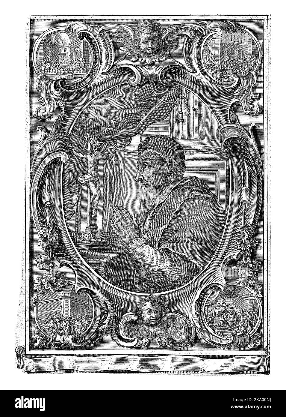 Pope Benedict XIII in prayer in front of a crucifix. Depicted in a