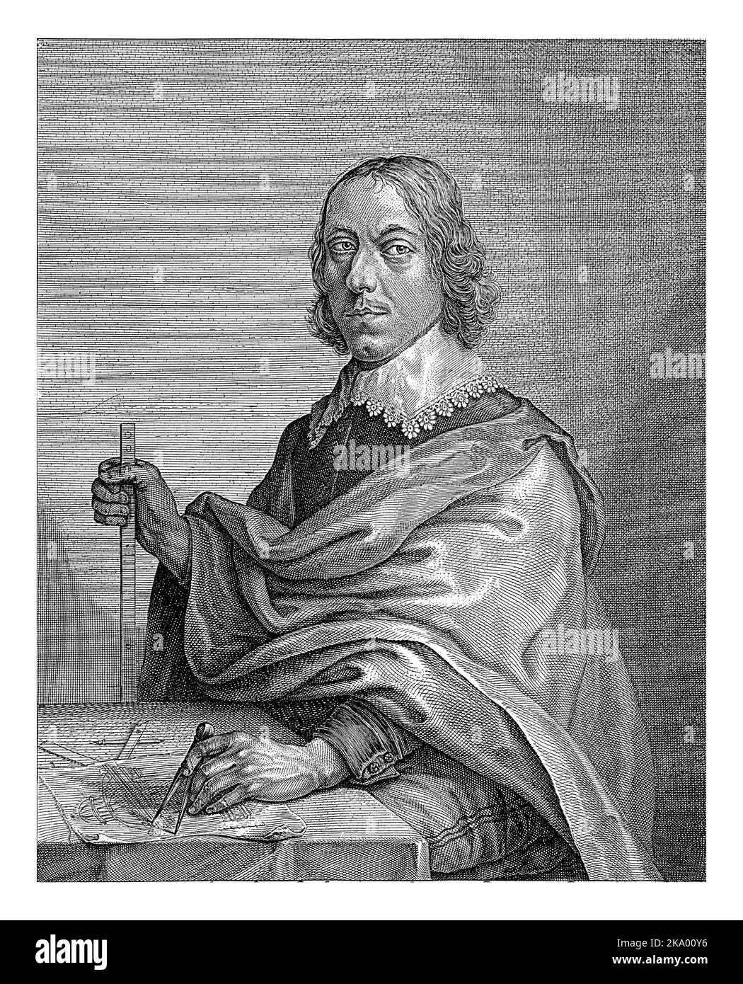 Portrait of the architect Jacob Vennekool with a design for the town hall on Dam Square, Salomon Savery, c. 1648 - 1665 Stock Photo
