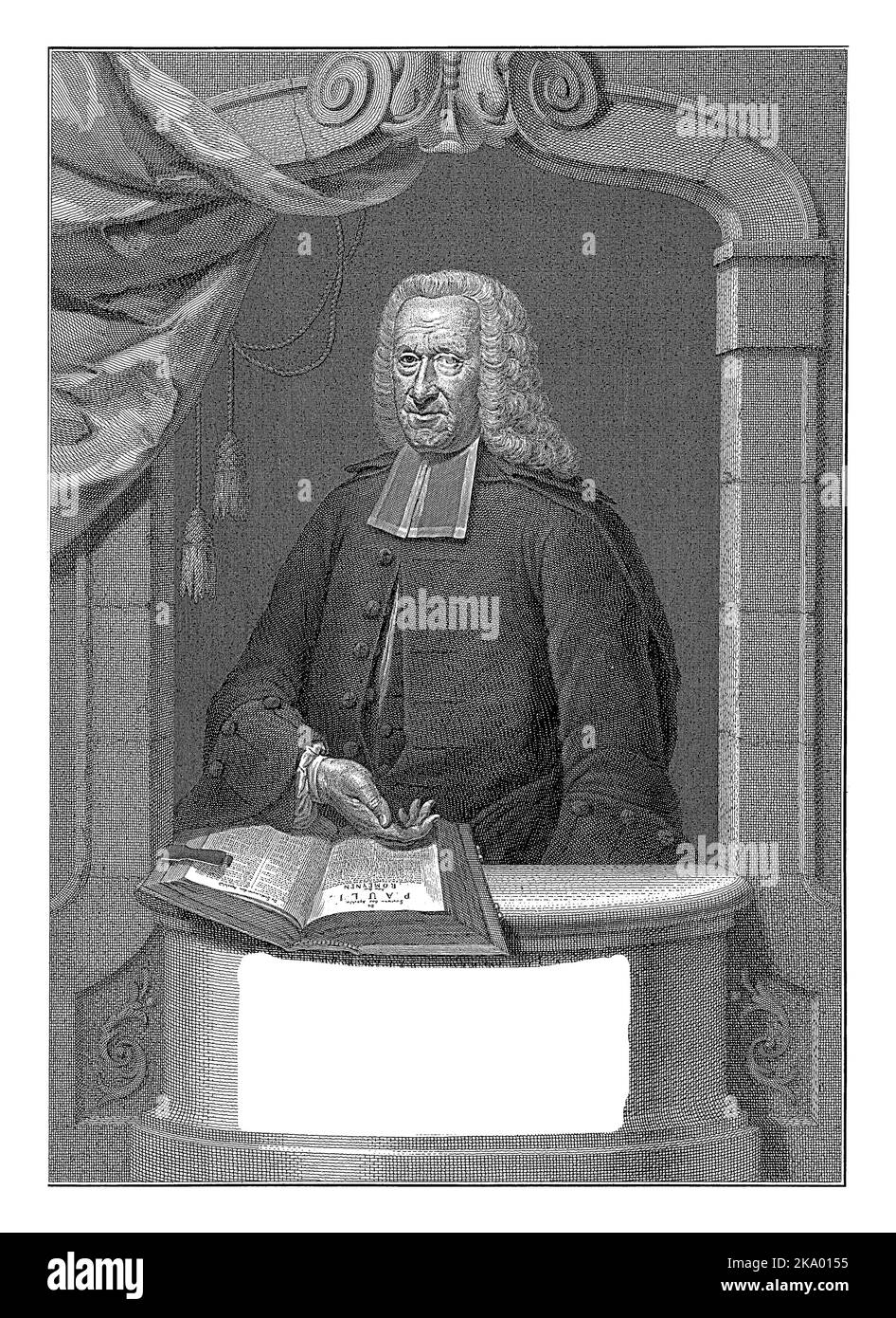 Hermanus van Garel at the age of 72, in an architectural arch-shaped window, with an open bible on the windowsill in front of him (The letter to the R Stock Photo