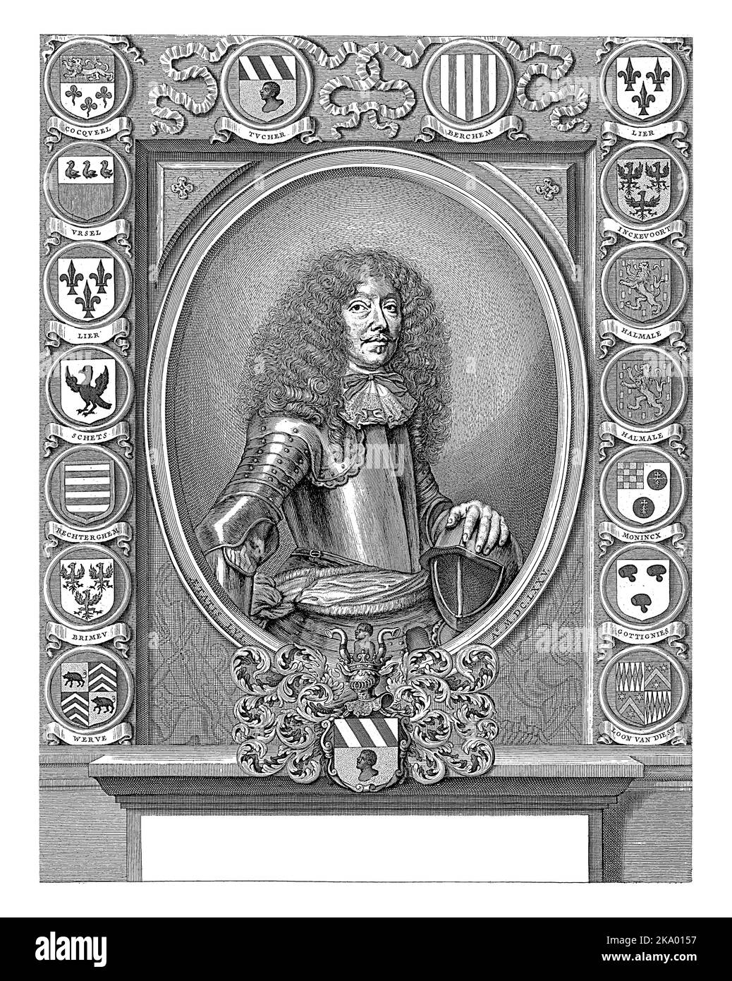 Portrait of Johannes Antonius Tucher, 56 years old, in armor, his hand resting on a helmet. Below the portrait his family crest. Stock Photo