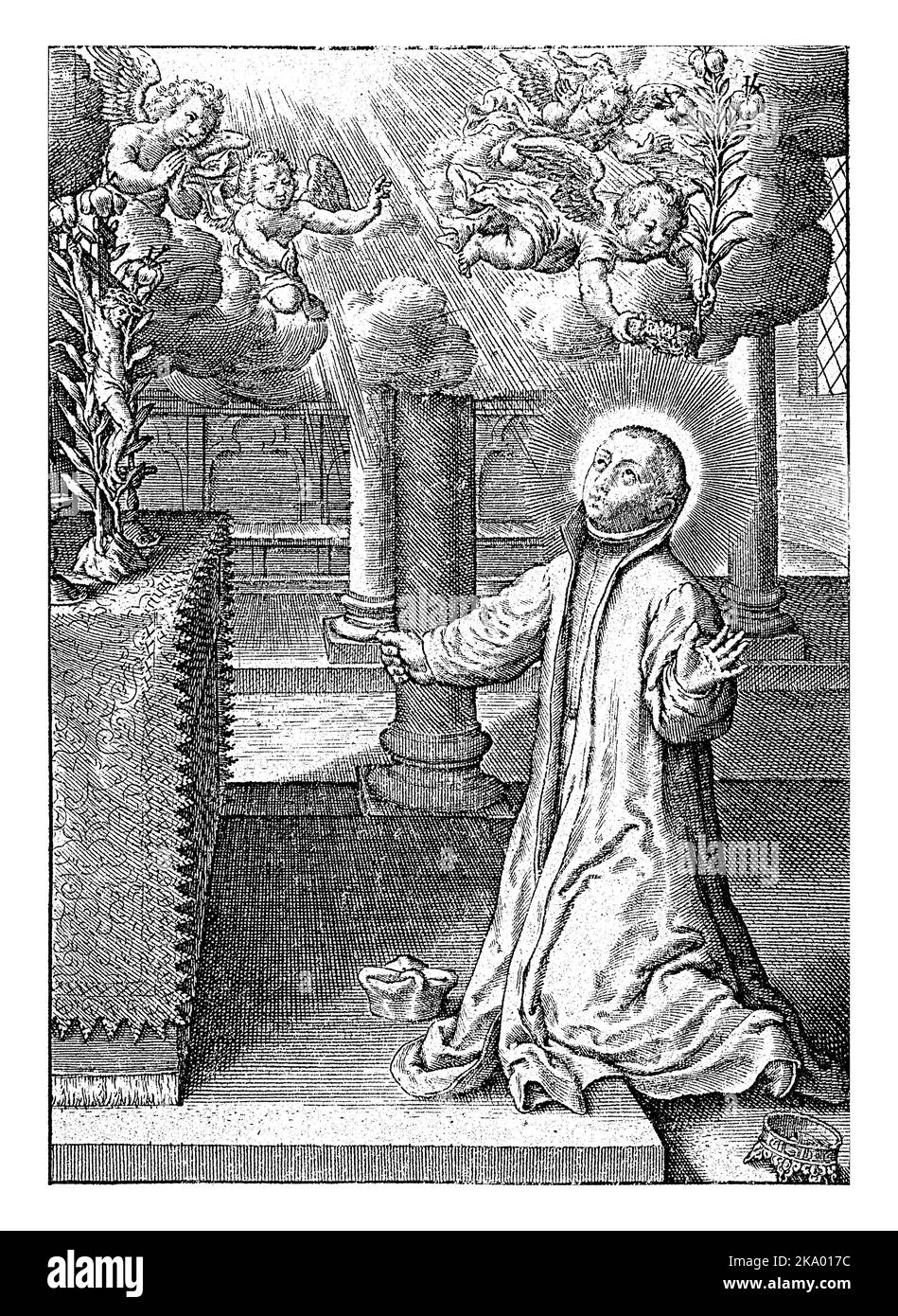 Aloysius Gonzaga kneeling before an altar, Antonie Wierix (II), 1565