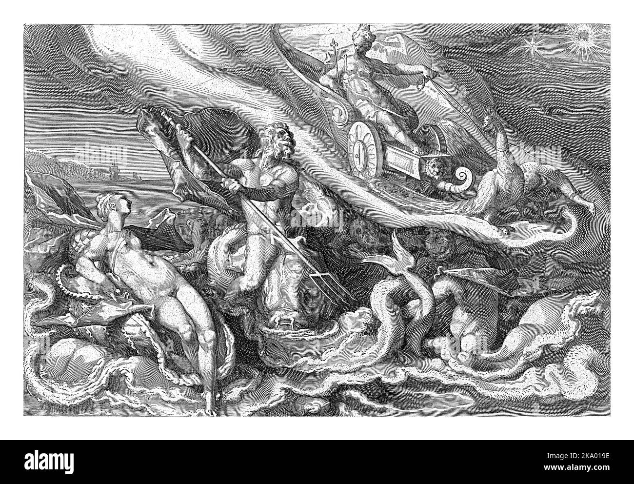 Juno arrives in her chariot pulled by two peacocks to the sea gods