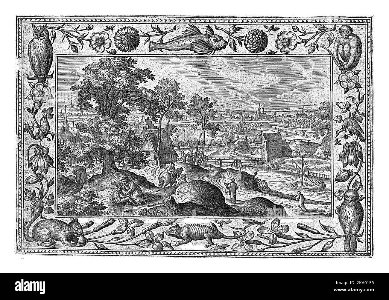 River landscape depicting the parable of the Good Samaritan. In the foreground, the Good