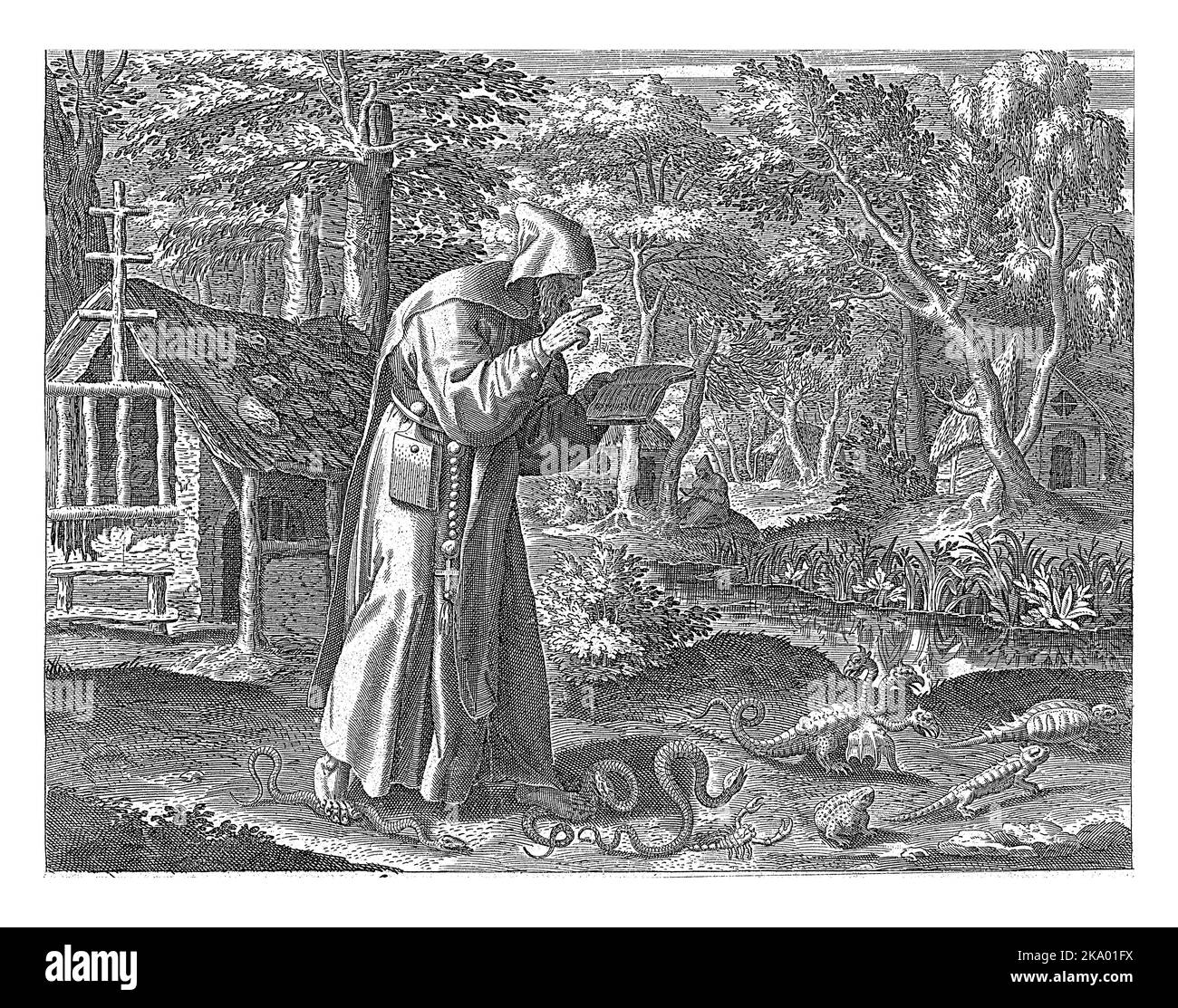 St. Didymus of Nitria as a hermit. He reads the bible while walking. Around him on the ground crawl snakes and other evil animals (toads, scorpions an Stock Photo