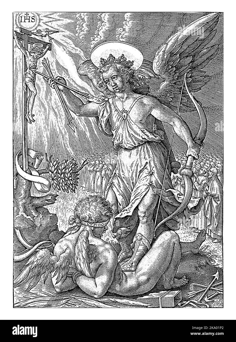 Heavenly Love, Hieronymus Wierix, 1563 - before 1581 A crowned angel, the personification of heavenly love, tramples the blindfolded and bound Amor. Stock Photo