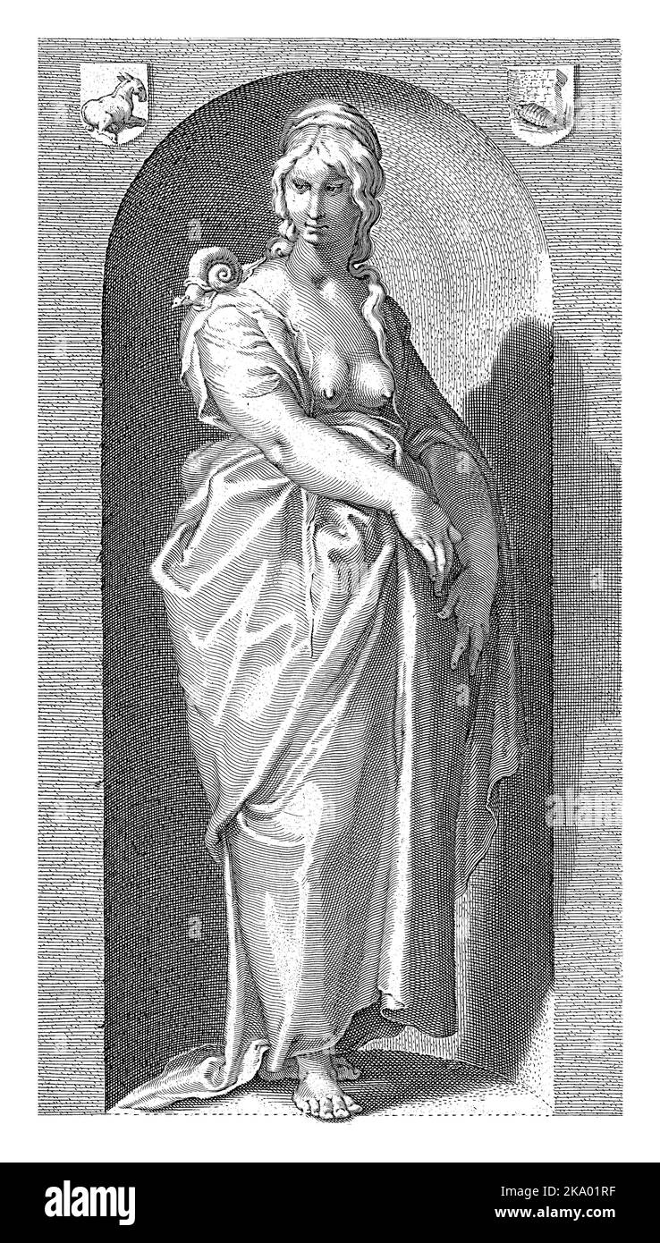 Personification of laziness, depicted as a female figure with a snail on her shoulder, standing in a niche. Stock Photo