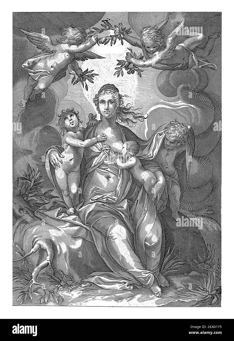 The female personification of Love, one of the three divine virtues, suckles a child and embraces two children standing next to her. Putti flying abov Stock Photo
