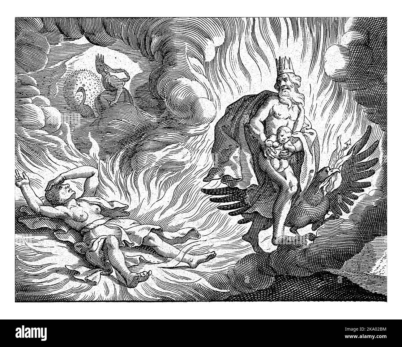 Jupiter with crown on his head and next to him his attribute the eagle, runs away from Bacchus' mother Semele, who is consumed by Jupiter's lightning. Stock Photo