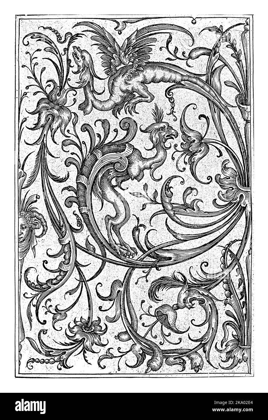 Panel with leaf vines ending in two dragons, Johan Barra, after Nicasius Rousseel, 1623 From a series of 12 leaves with leaf vines and grotesques, ded Stock Photo