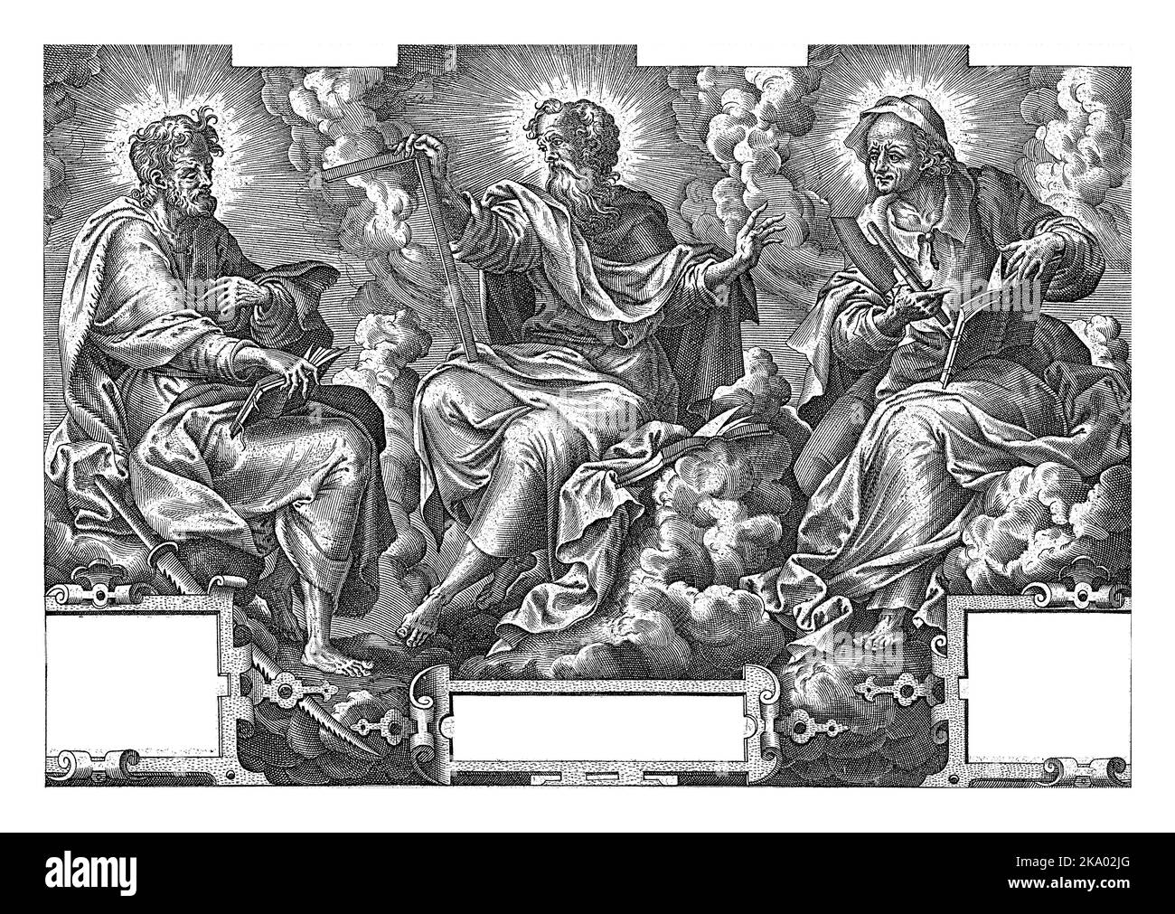 The apostles Simon Zelotes, Judas Thadeus and Matthias with a halo around their heads, seated among the clouds with their attributes, respectively saw Stock Photo