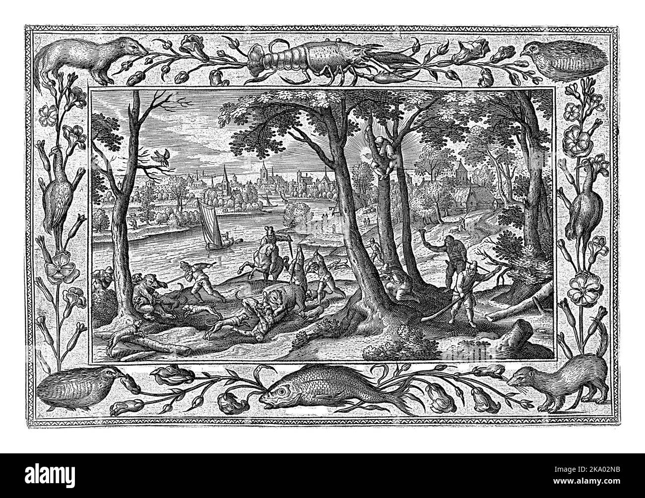 Forest landscape with bear hunt. In the foreground two bears are attacked by dogs and stabbed by hunters. The print has an ornamental frame with flowe Stock Photo