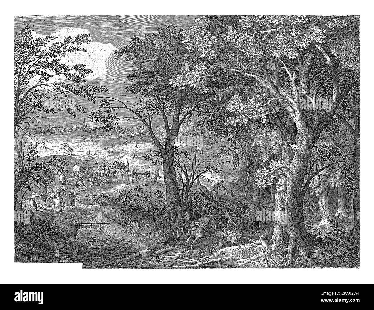 A gang of highwaymen ambushed travelers in a wooded landscape. The robbers search the carriage while the travelers are attacked and try to flee. Stock Photo