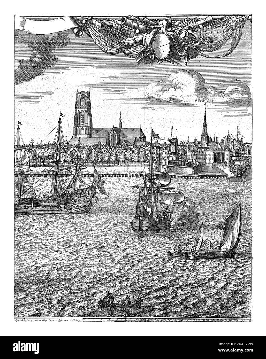 View of Rotterdam, seen from the Nieuwe Maas. In the foreground the river with ships, in the background the city with the Sint-Laurenskerk in the midd Stock Photo
