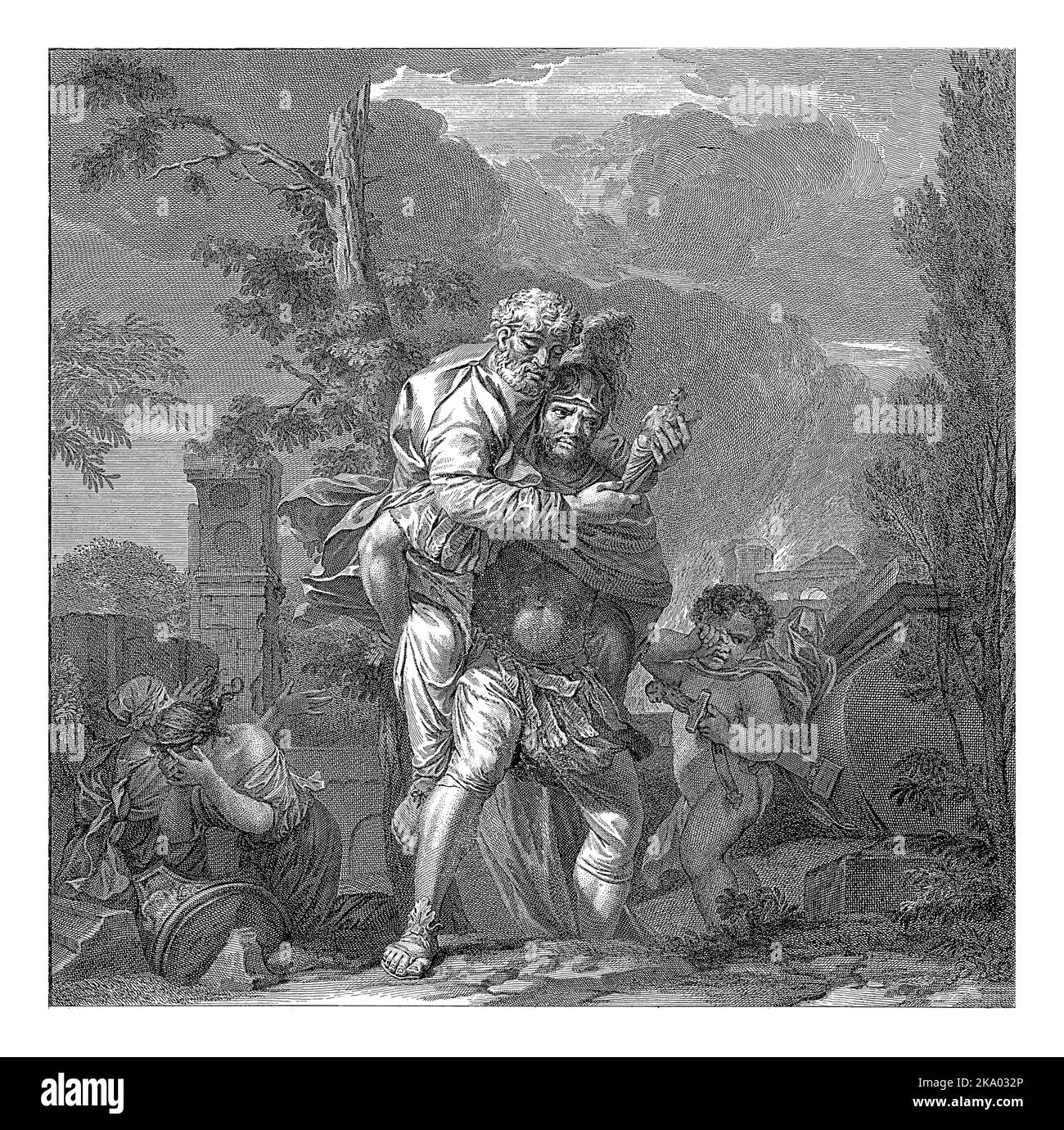 Aeneas flees burning Troy with his old father Anchises on his back. His