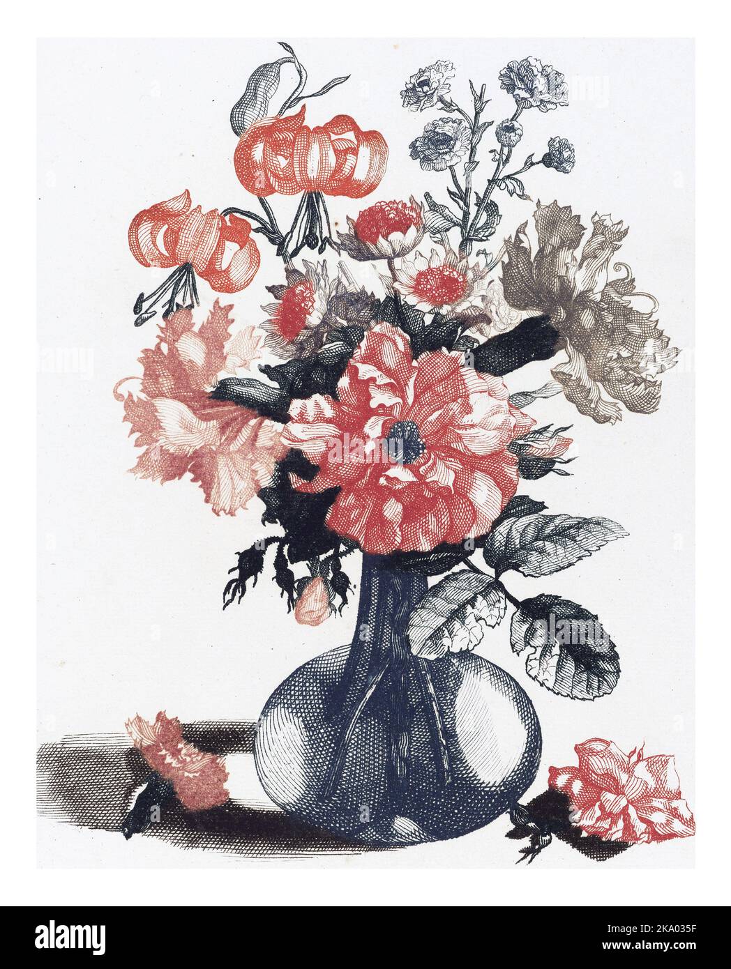 Five Prints of Flowers in Glass Vases, anonymous, after Jean Baptiste Monnoyer, 1688 - 1698, vintage engraved. Stock Photo