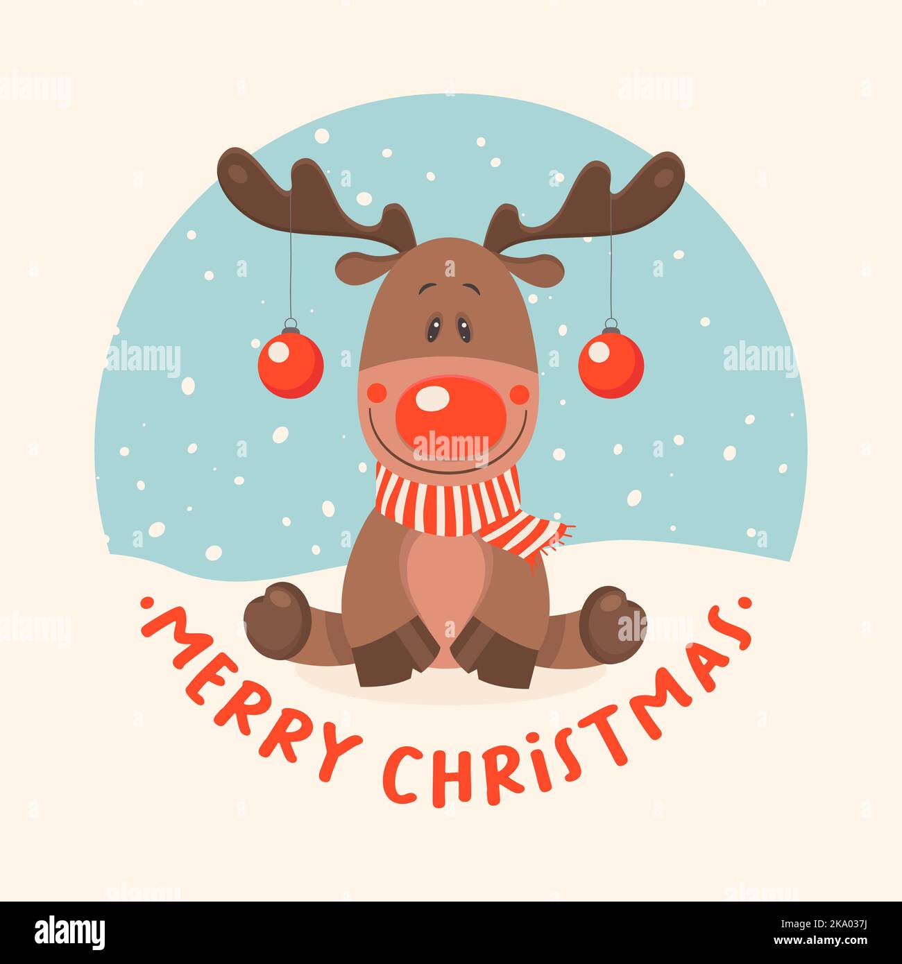 Vector Cute and Funny Reindeer with Scarf and Christmas Balls on Horns. Cartoon Christmas Deer for Christmas, New Year 2023 Greeting Card, Poster, T Stock Vector
