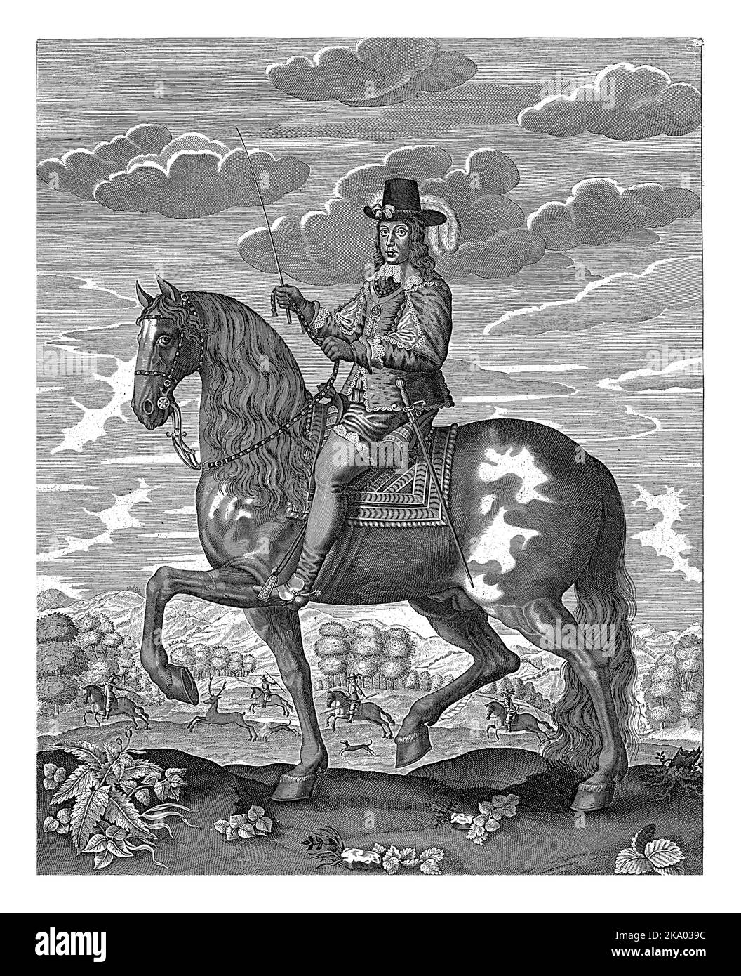 Equestrian portrait of William II. In the background a deer hunt. Two lines of Dutch text in the bottom margin. Stock Photo