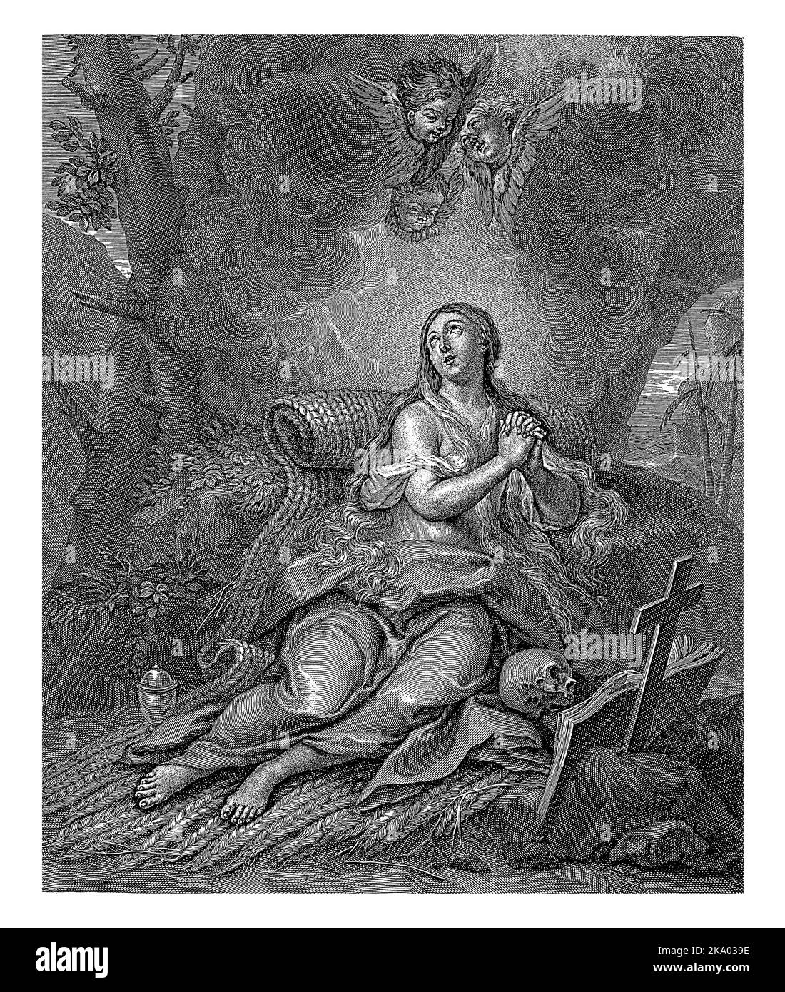 Praying Mary Magdalene, Claude I Duflos, after Antoine Dieu, 1675 - 1727, vintage engraved. Stock Photo