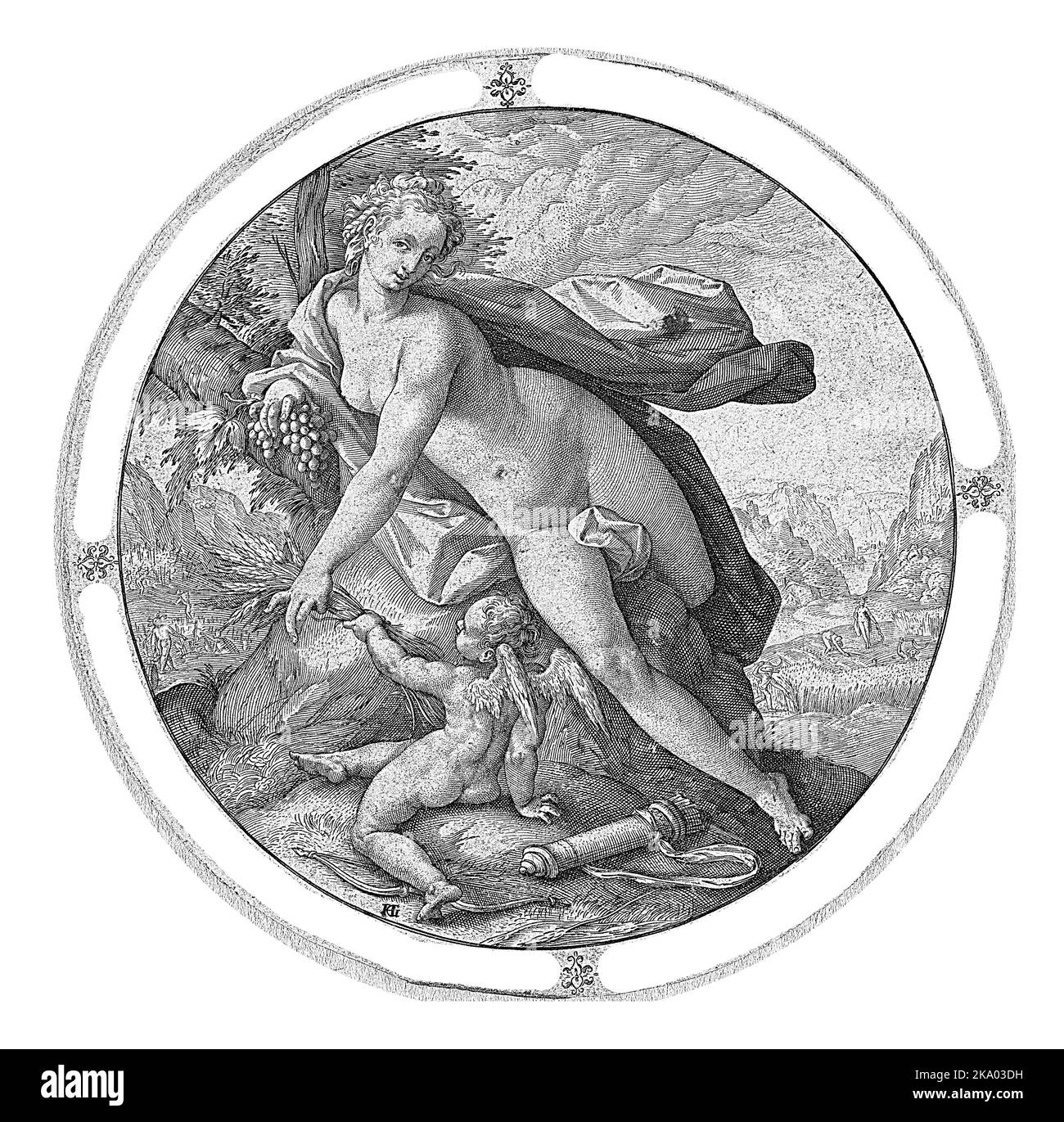 Round representation of Venus and Cupid near a tree. Venus has a bunch of grapes in her hand, Cupid hands her a bundle of grain. Stock Photo
