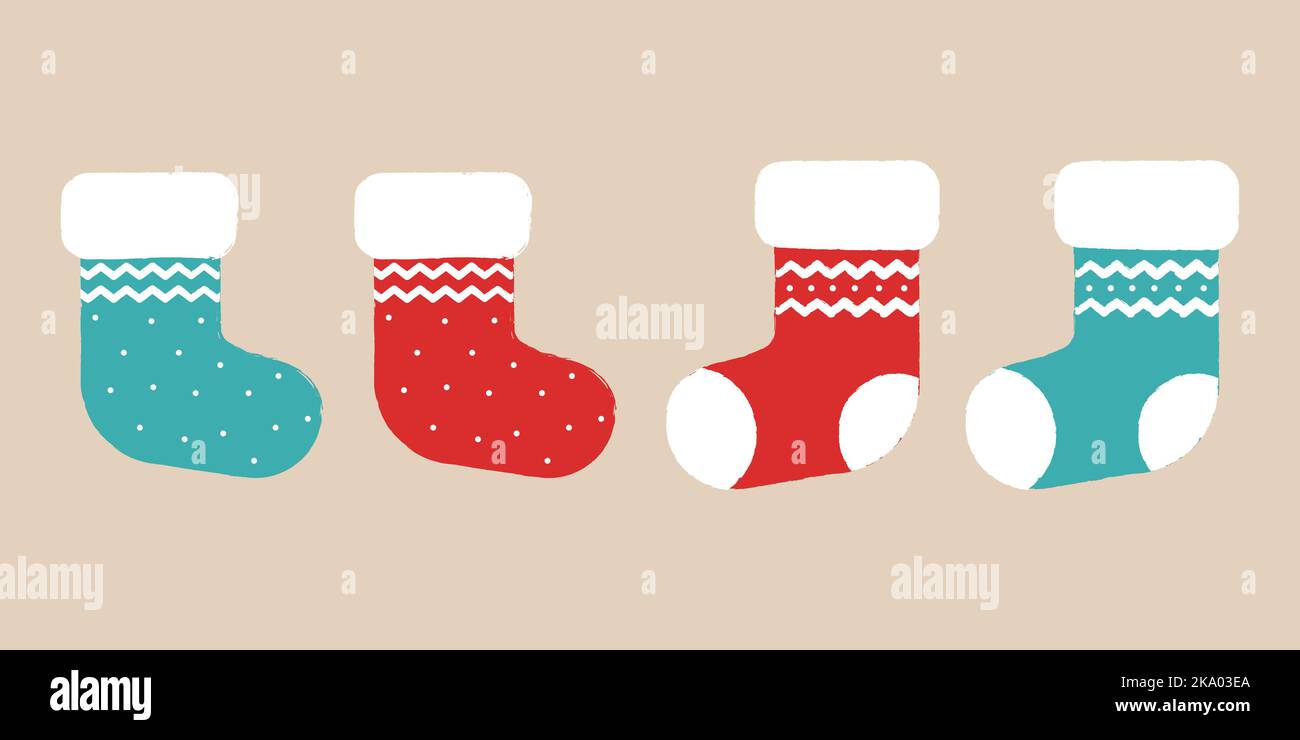 Set of fluffy Christmas stockings. Vector Christmas gift socks. Flat
