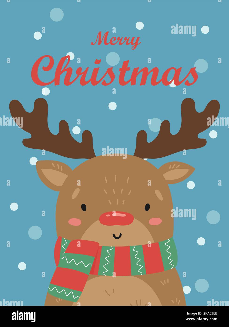Illustration of a cute deer with a red nose in a striped scarf. Vector ...