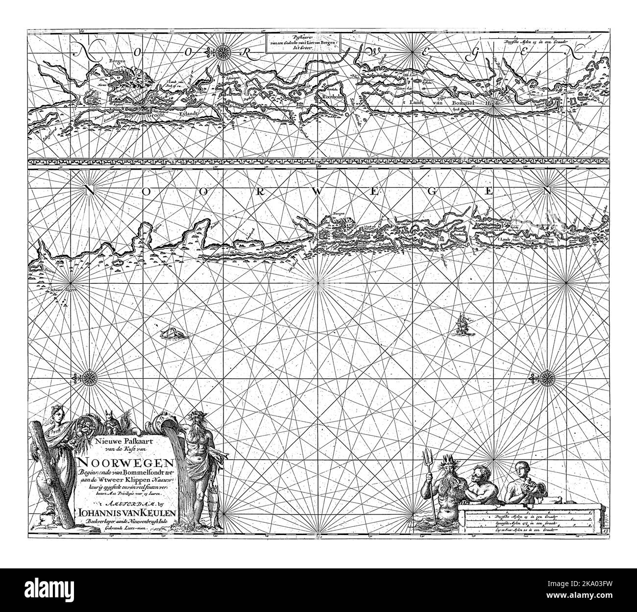 Passport map of a section of the coast of Norway near Bergen, with two compass roses, North is on the left. Bottom left a cartouche with the title and Stock Photo