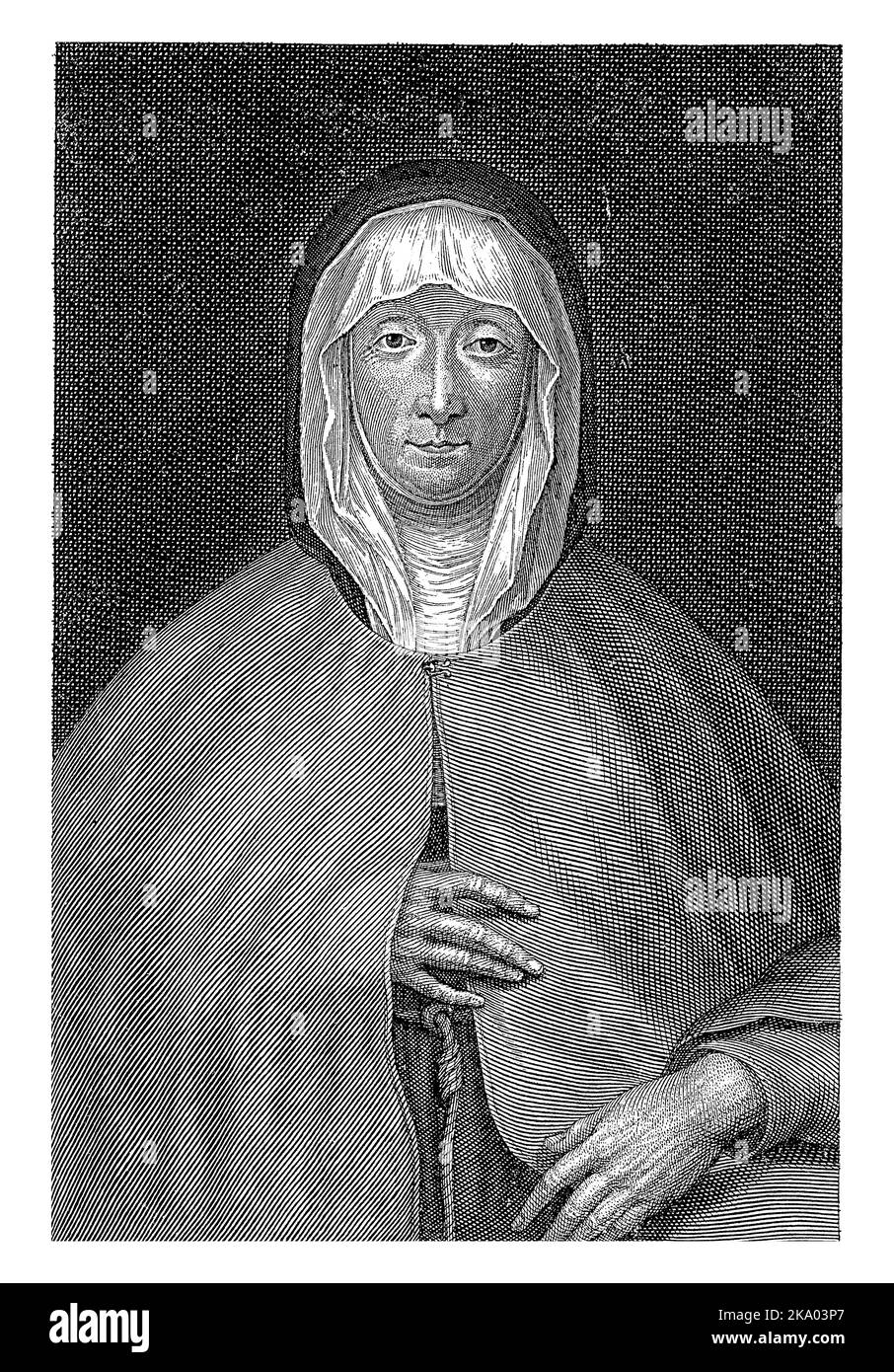 Portrait of Philippine van Gelder, widow of Rene II, Duke of Lorraine, in the habit of the Poor Clares with cordelirre. Below the portrait in the marg Stock Photo