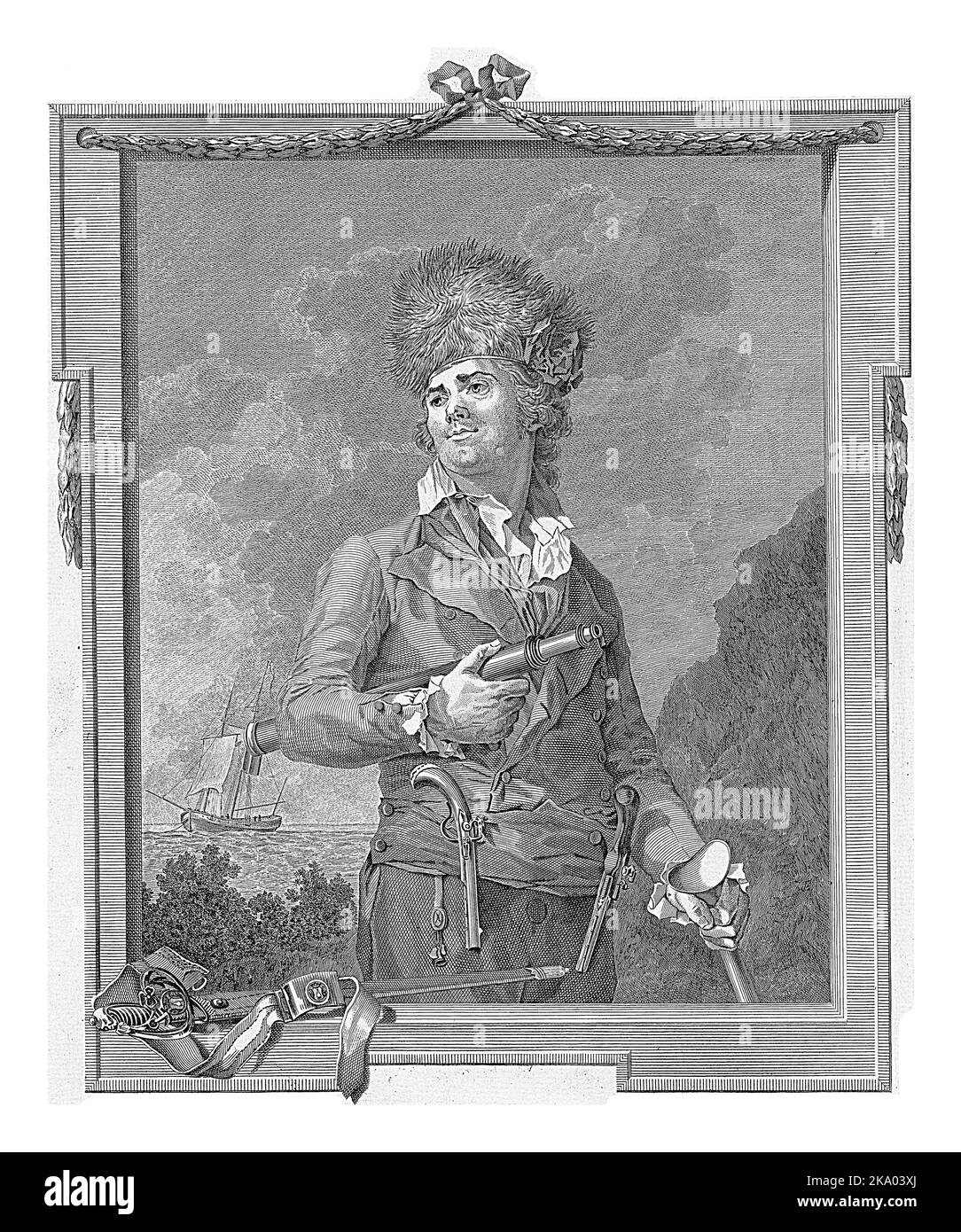 Portrait of privateer and captain Pierre le Turcq with binoculars under his arm and pistols on his jacket. Stock Photo