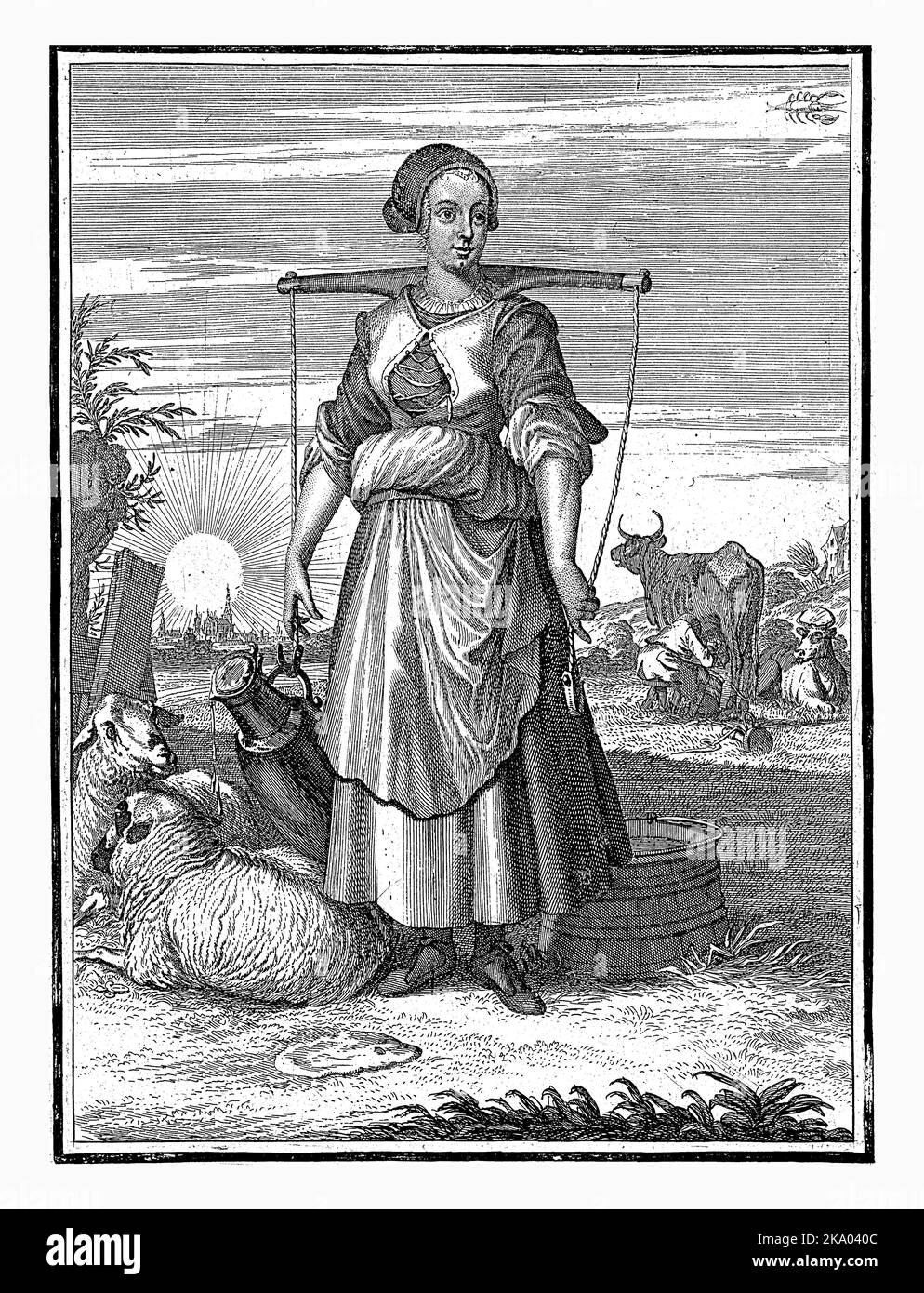 June, Caspar Luyken, 1698 - 1702 The month of June. In the foreground a milkmaid next to two sheep. She carries a yoke with a jug of milk. In the back Stock Photo