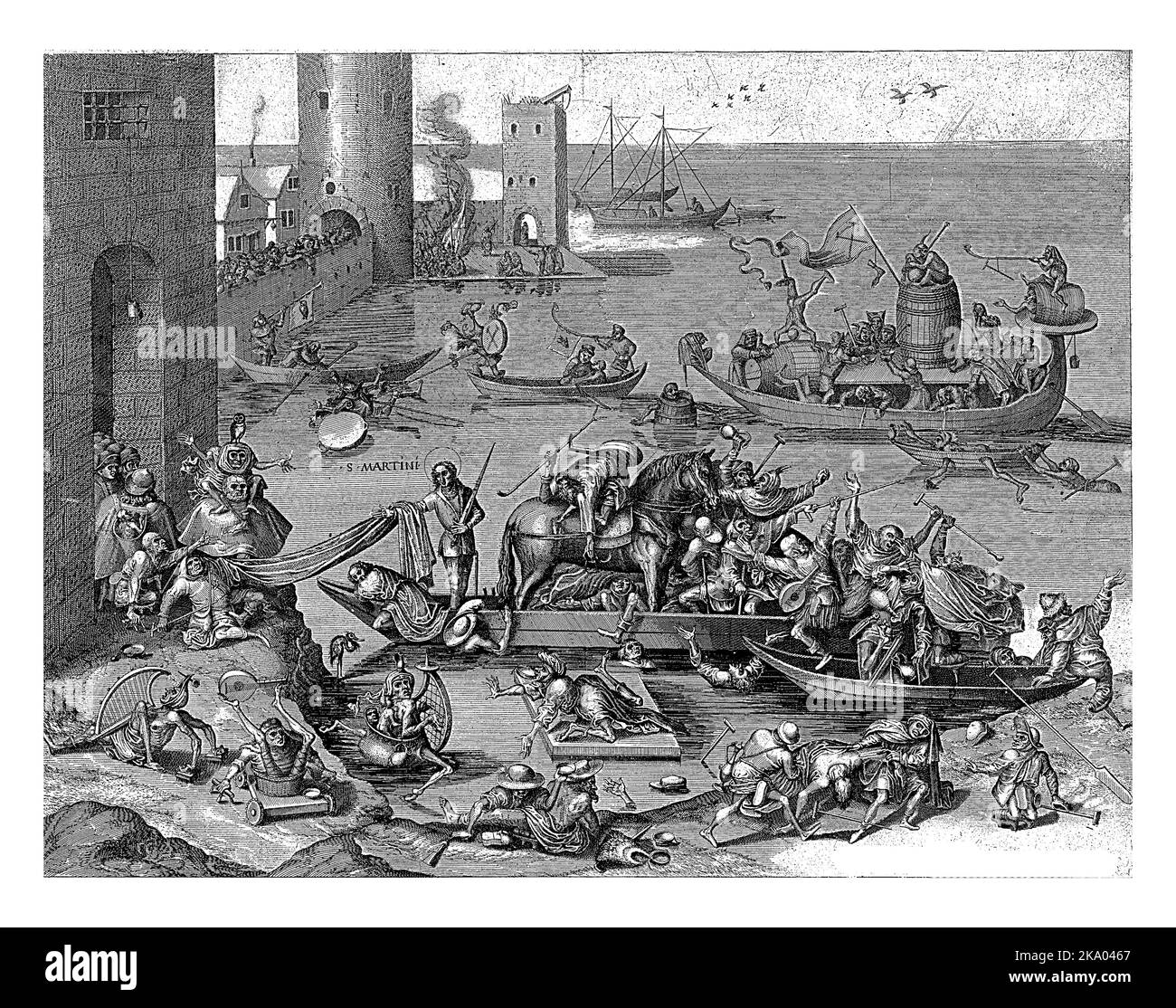 H. Martinus stands behind his horse on a ship of fools. Over his arm hangs his cloak, which is held ashore by beggars. Stock Photo