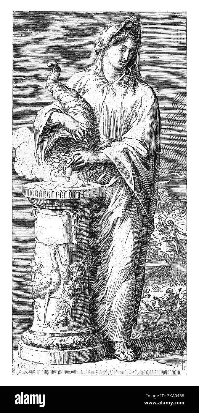 A female figure as a personification of gratitude. She holds a cornucopia and pours out coins from it over a sacrificial column. Stock Photo