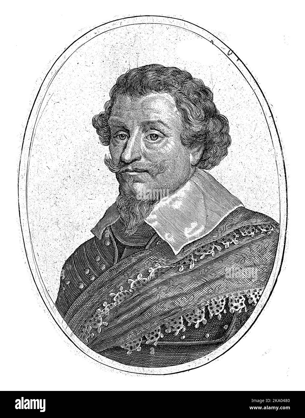 Portrait of Ernst Casimir in oval, bust. Fragments of rectangular ornament border printed with another plate. Stock Photo