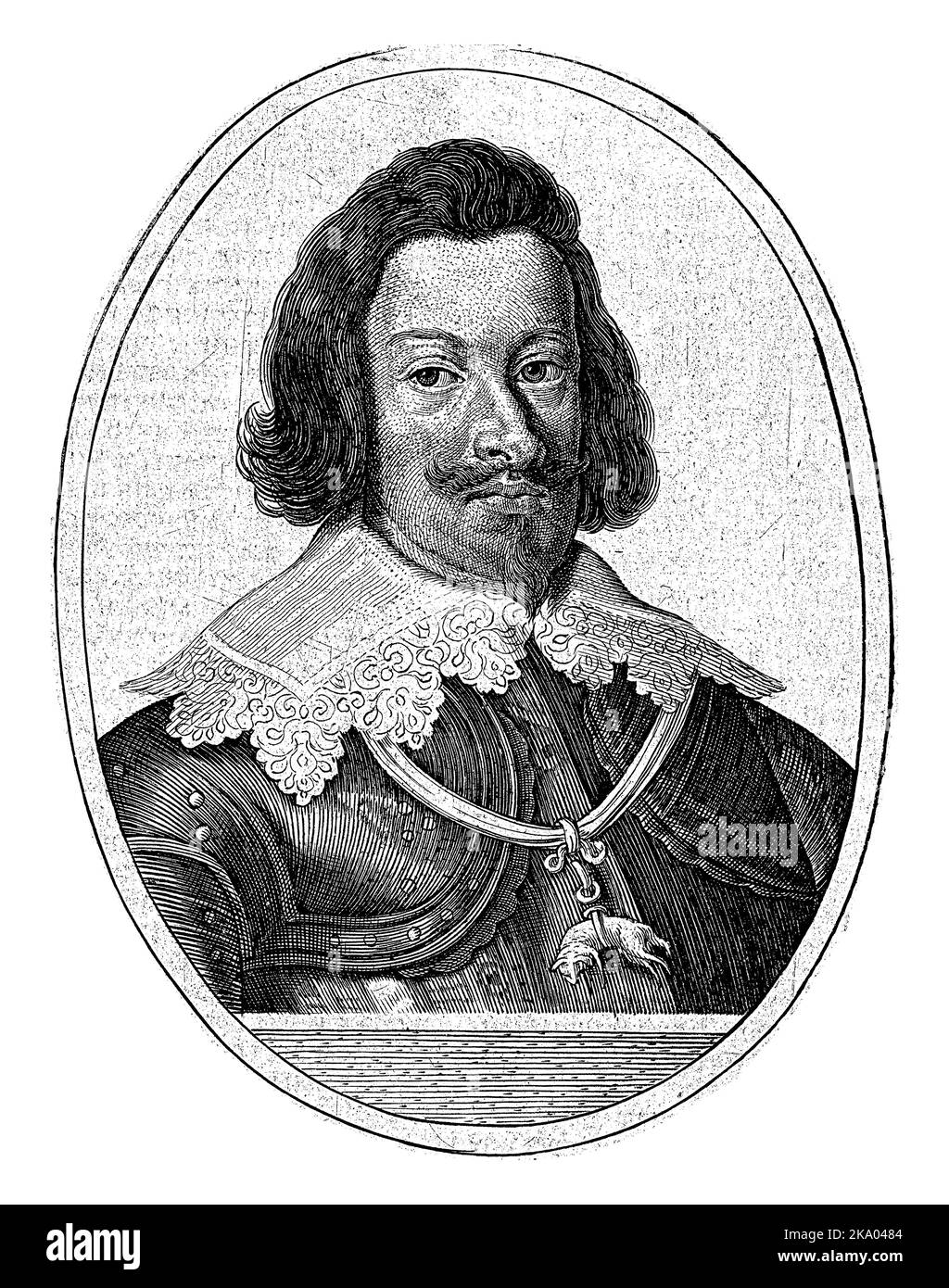 Portrait of Ferdinand III, Emperor of the Holy Roman Empire, in oval. Printed in rectangular ornament border with another plate. On verso Dutch text i Stock Photo