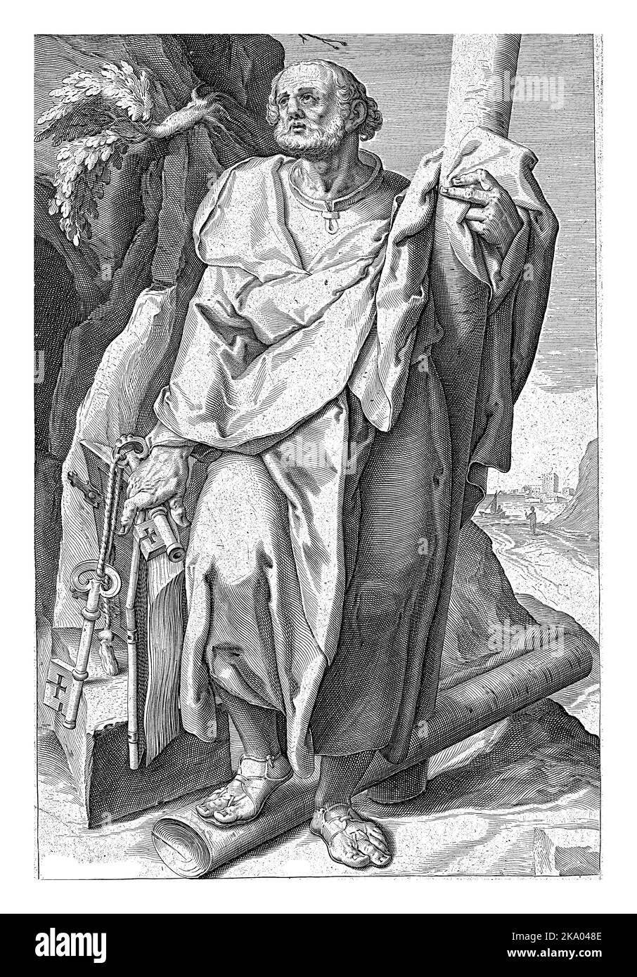 The apostle Peter, standing in a rocky environment near a shore, two keys and a book in the right hand, a cross in the left arm, the left foot resting Stock Photo