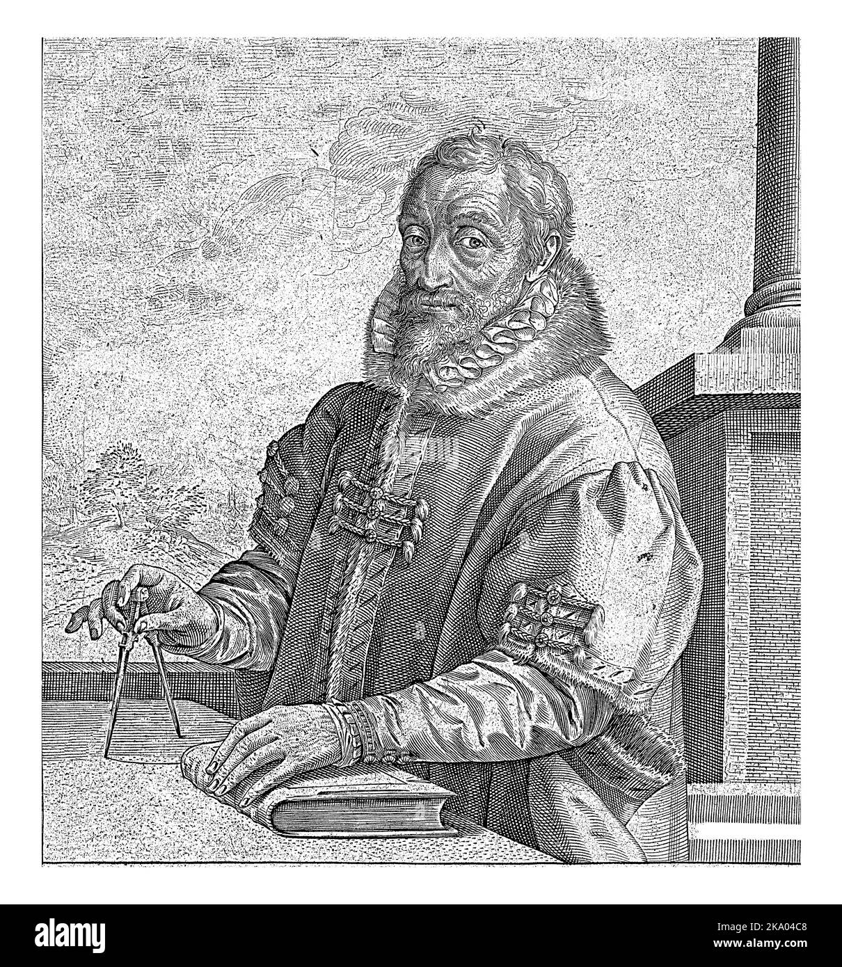 Portrait of the printer/publisher Christoffel Plantin, half-length, seen on the left, standing behind a table. Stock Photo