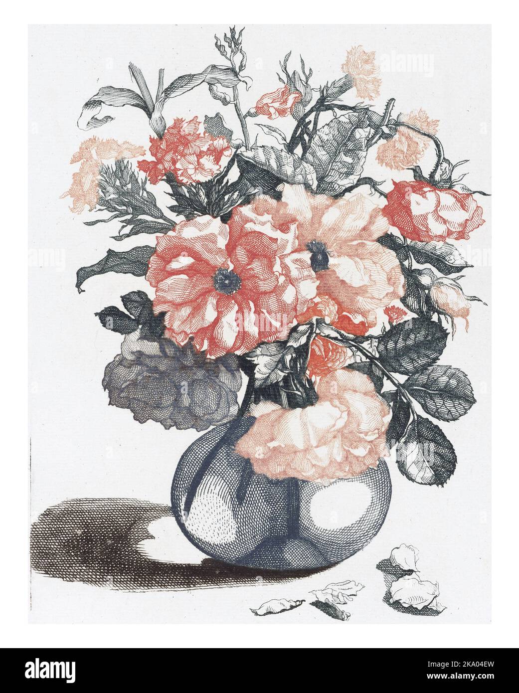 Five Prints of Flowers in Glass Vases, anonymous, after Jean Baptiste Monnoyer, 1688 - 1698 Glass vase with flowers. Next to the vase some petals. Stock Photo