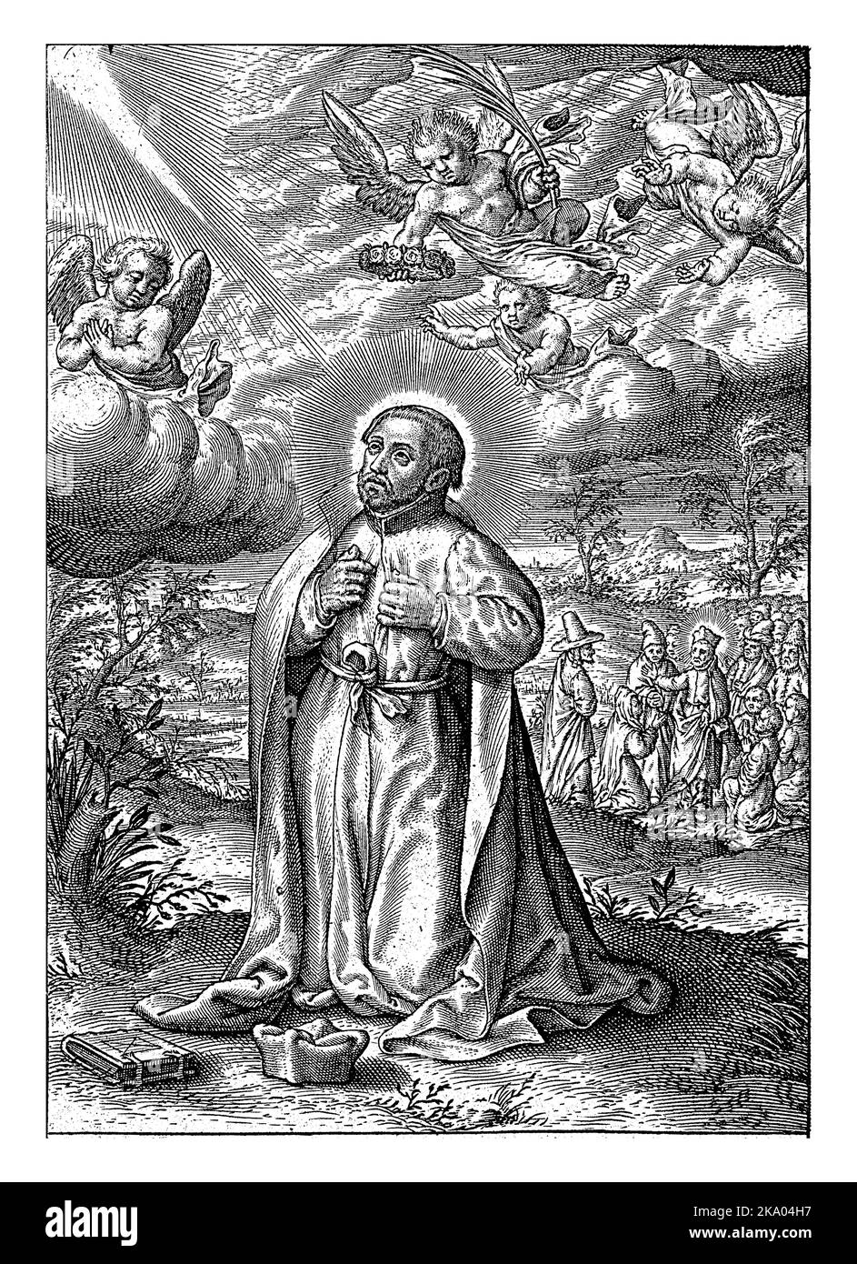 Saint Francis Xavier, a Spanish Jesuit missionary, is kneeling on the