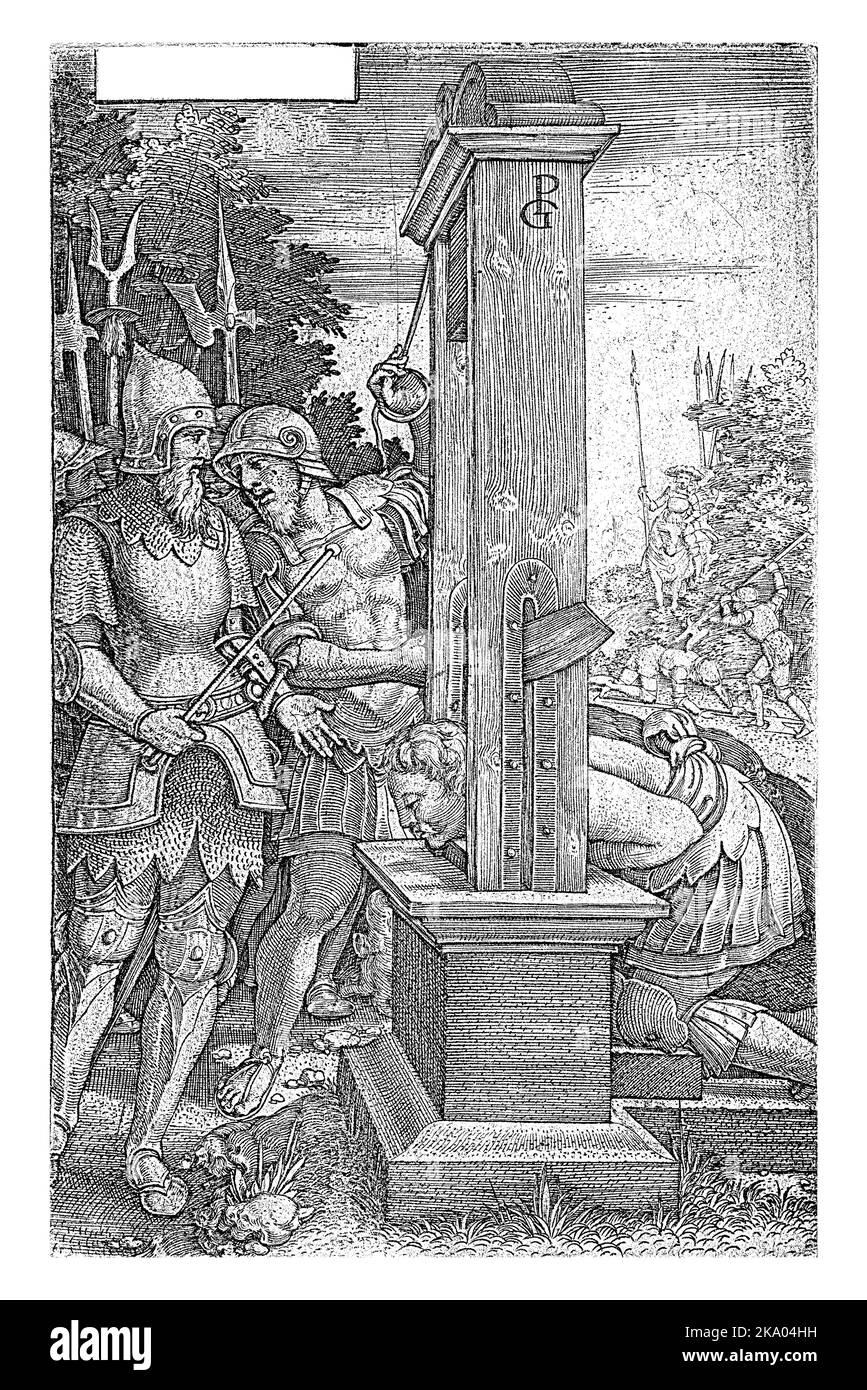 Titus Manlius Torquatus has his son beheaded, Georg Pencz, 1535 Titus Manlius Torquatus stands next to a precursor of the guillotine, a kind of fall a Stock Photo