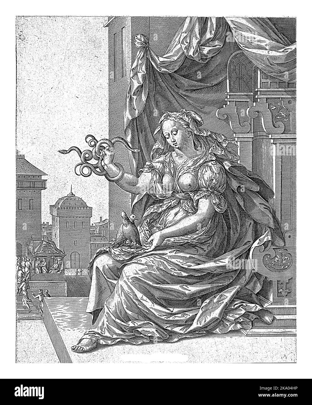 Allegory of Prudence and Innocence, , 1563 -1573 A woman sits on a platform, above her a drapery is stretched. On her lap sits a pair of doves and in Stock Photo